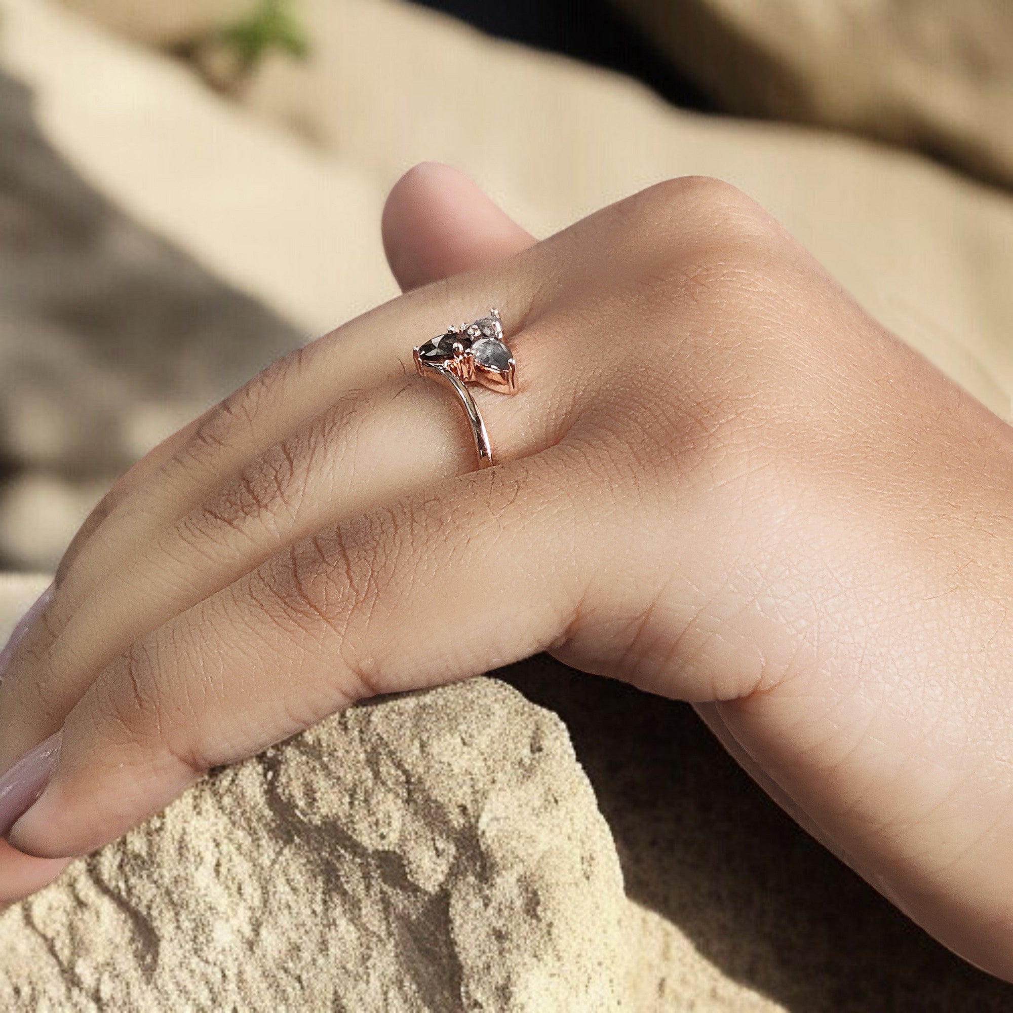 Pear Cut Salt And Pepper Diamond Ring 0.62 Ct 4.90 MM Pear Diamond Ring 14K Solid Rose Gold Silver Pear Engagement Ring Gift For Her QN1580