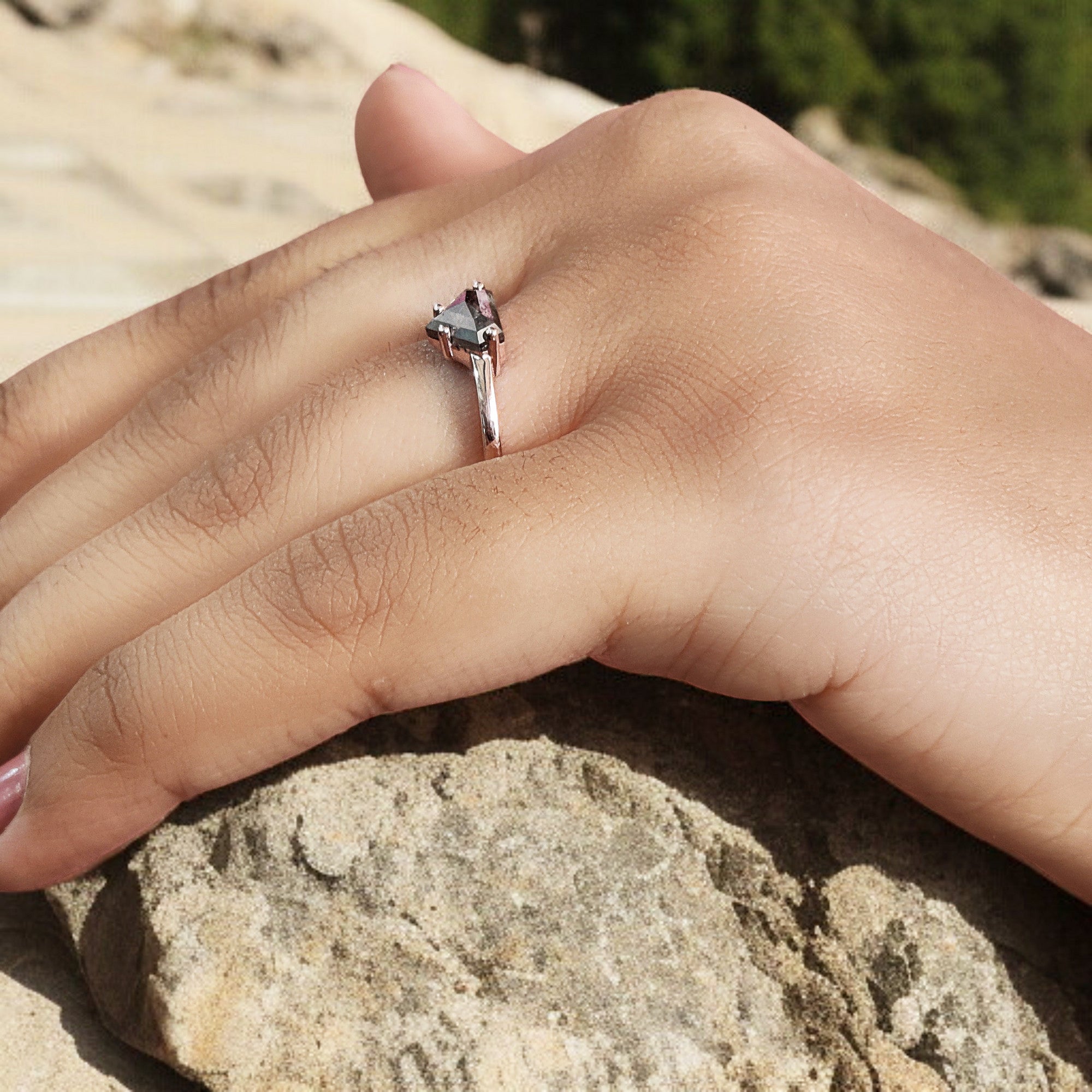 0.89 Ct Natural Shield Cut Salt And Pepper Diamond Ring 5.77 MM Shield Shape Diamond Ring 14K Solid Rose Gold Silver Engagement Ring QL9565