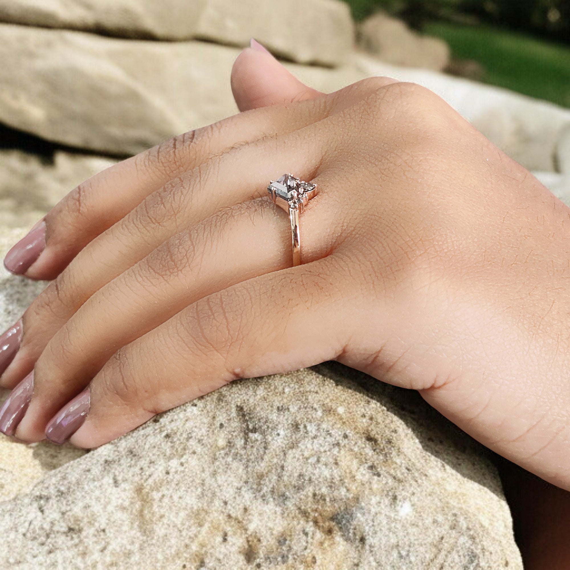 Shield Salt And Pepper Diamond Ring, Salt And Pepper Shield Diamond Engagement Ring, Shield Shape Diamond Ring, Shield Cut Ring, QL9471