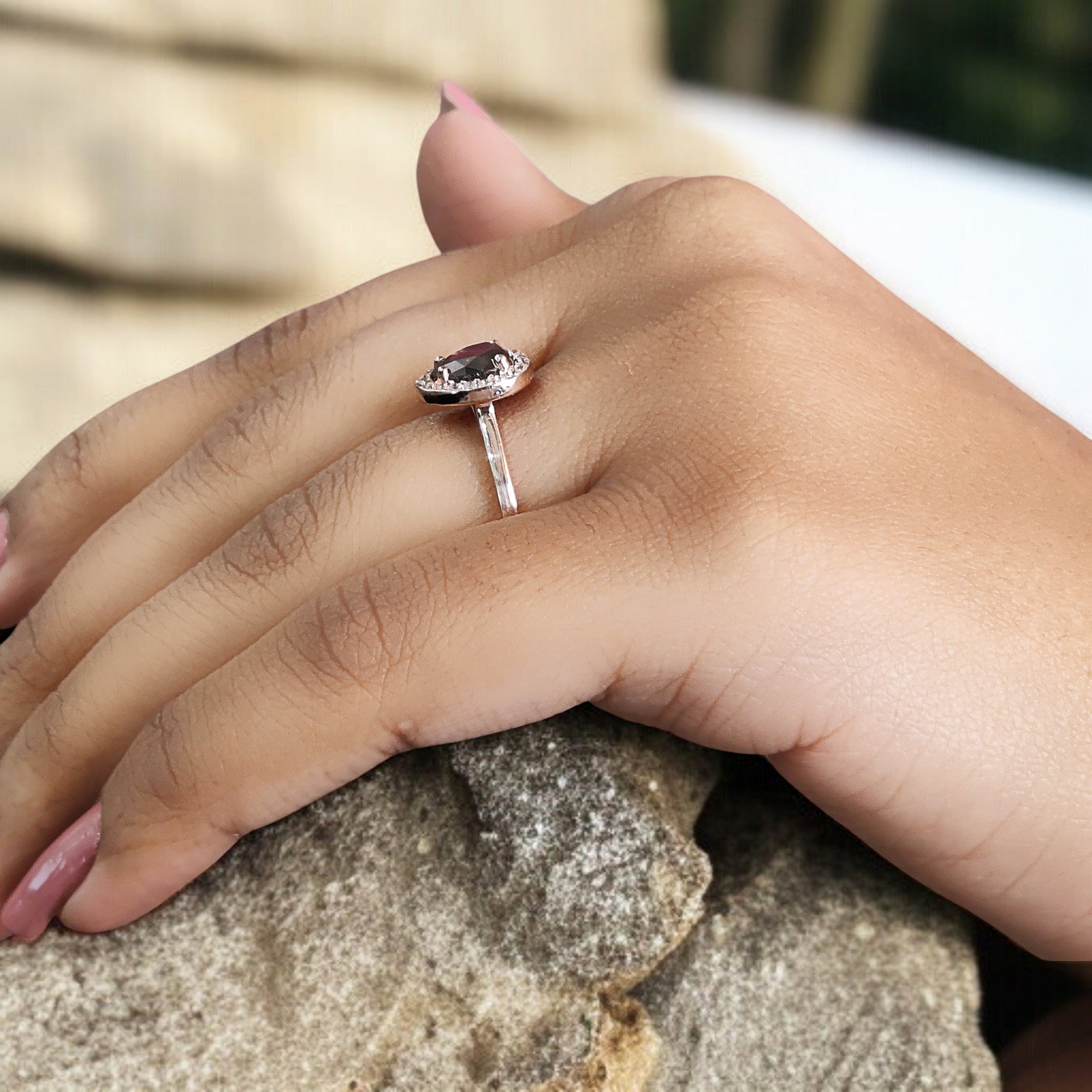 Pear Cut Salt And Pepper Diamond Ring 1.18 Ct 7.00 MM Pear Diamond Ring 14K Solid Rose Gold Silver Pear Engagement Ring Gift For Her QL1653