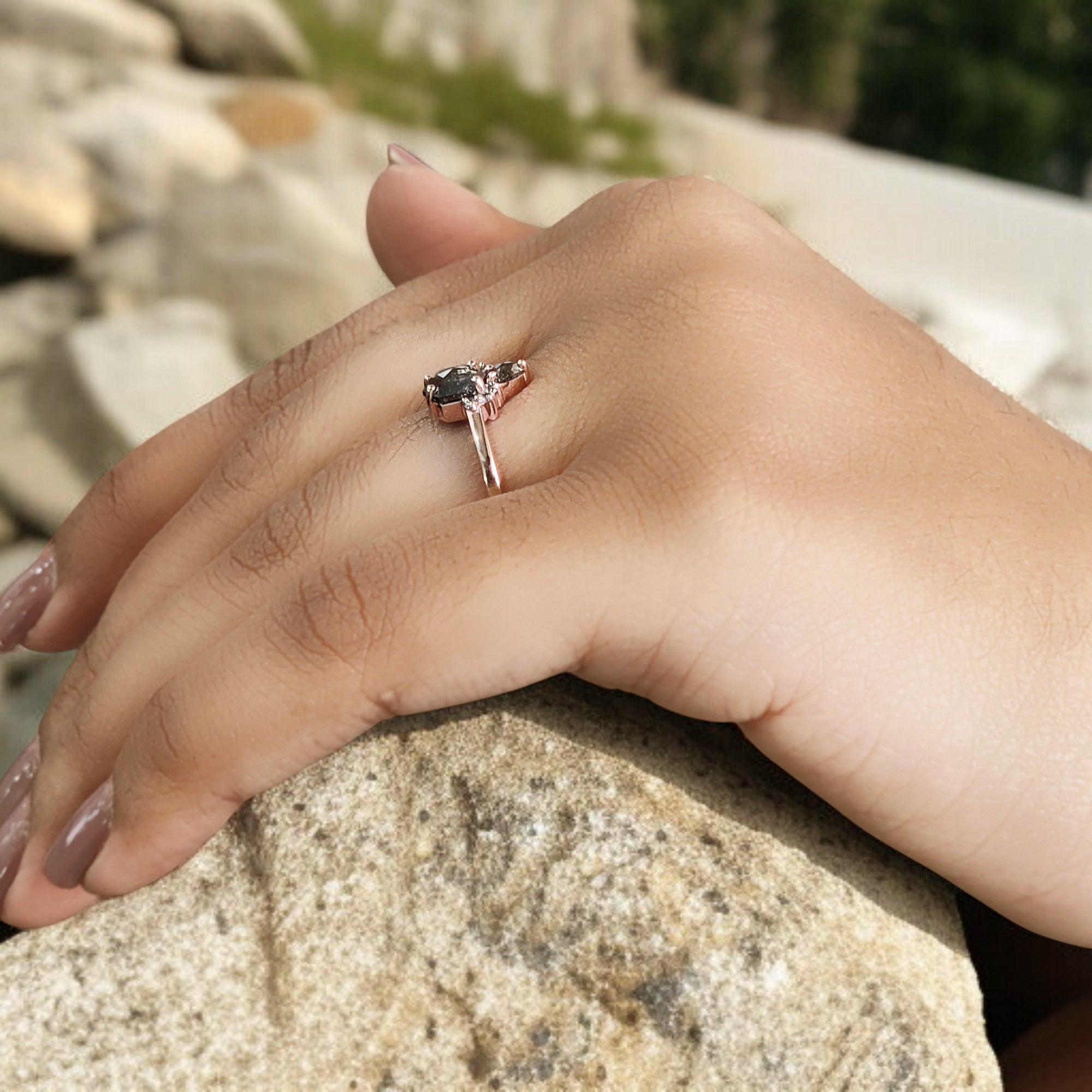 0.69 Ct Natural Hexagon Shape Salt And Pepper Diamond Ring 6.00 MM Hexagon Cut Diamond Ring 14K Solid Rose Gold Silver Engagement Ring QN849