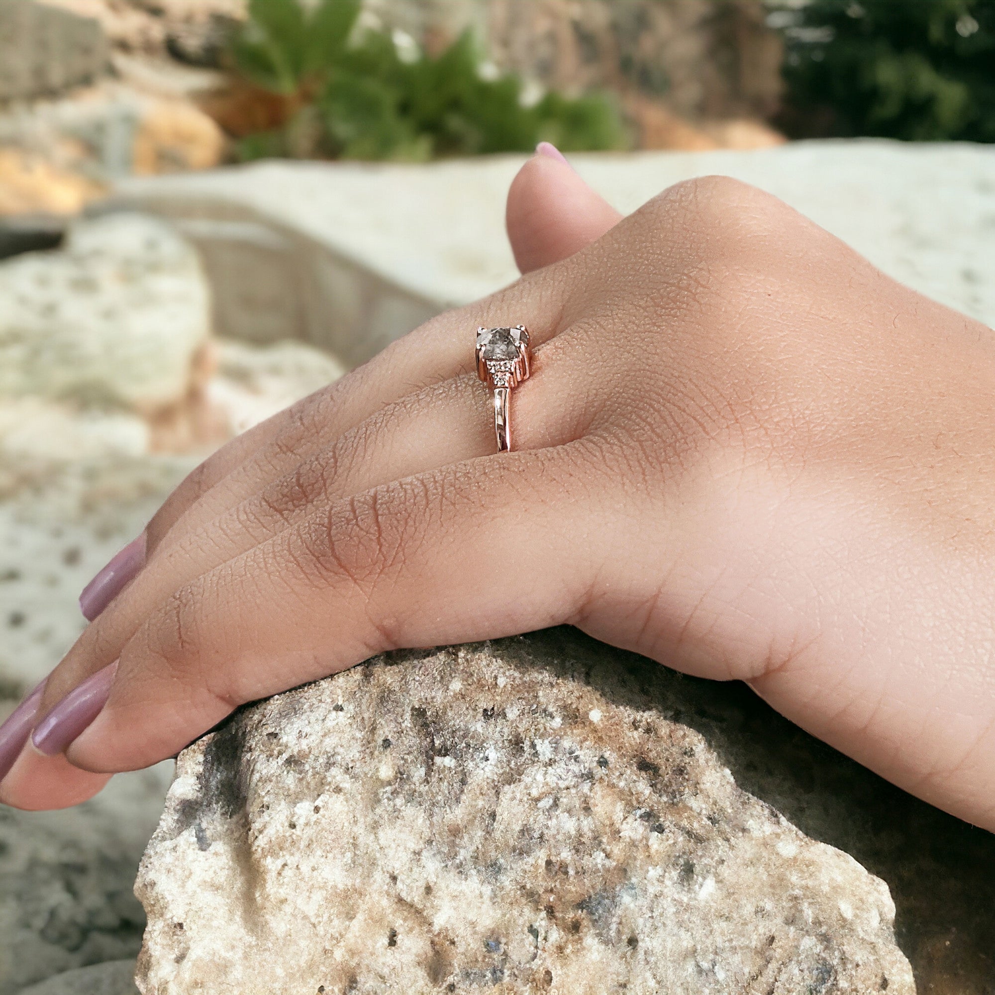 Emerald Cut Salt And Pepper Diamond Ring 0.45 Ct 4.80 MM Emerald Diamond Ring 14K Solid Rose Gold Silver Engagement Ring Gift For Her QL7606