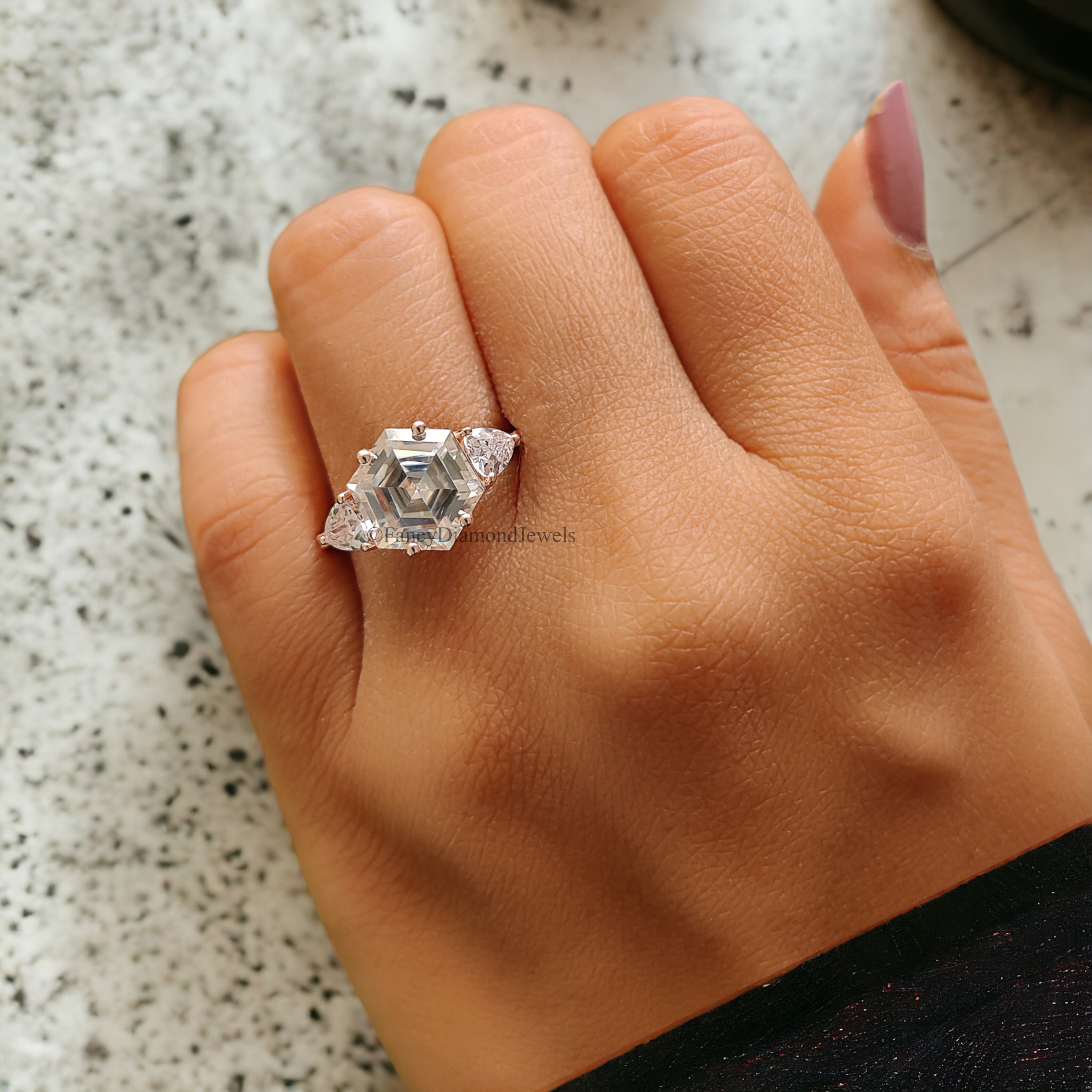 2.95 CT Antique Hexagon Moissanite Engagement Ring Triangle And Round Ring For Gifting Bridal Wedding Ring Anniversary Gift Ring Her FD175