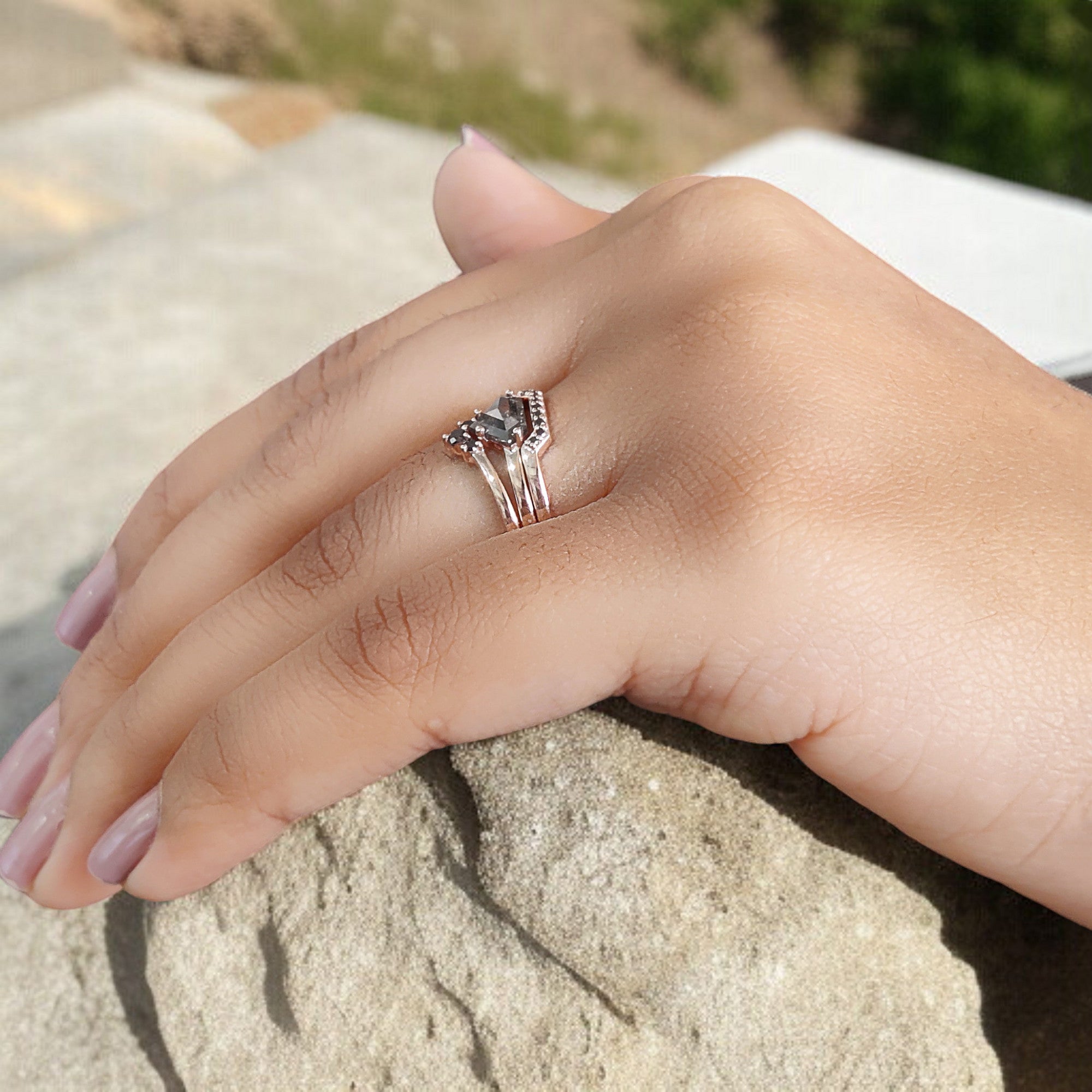 Shield Cut Salt And Pepper Diamond Ring 0.73 Ct 5.15 MM Shield Diamond Ring 14K Solid Rose Gold Silver Engagement Ring Gift For Her QN1144