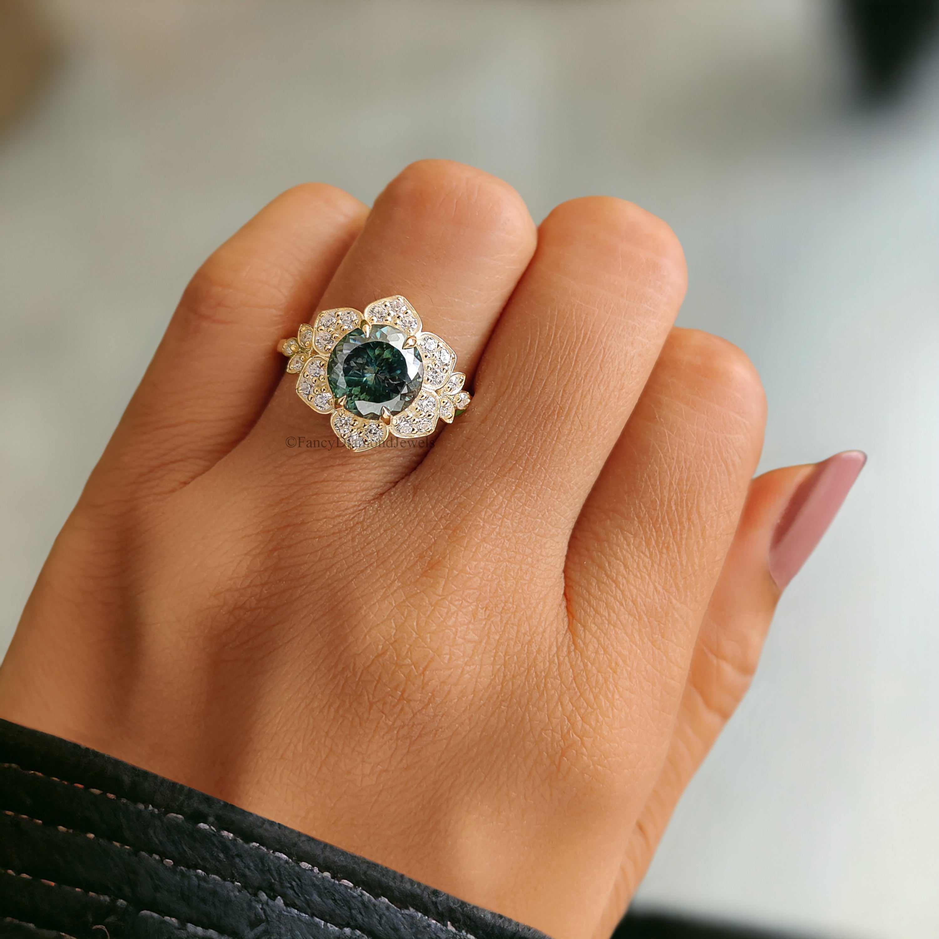 Portuguese Round Cut 8 mm Blue Moissanite Engagement Ring Yellow Gold Vintage Ring Anniversary Ring Gift Blue Moissanite Wedding Ring FD184