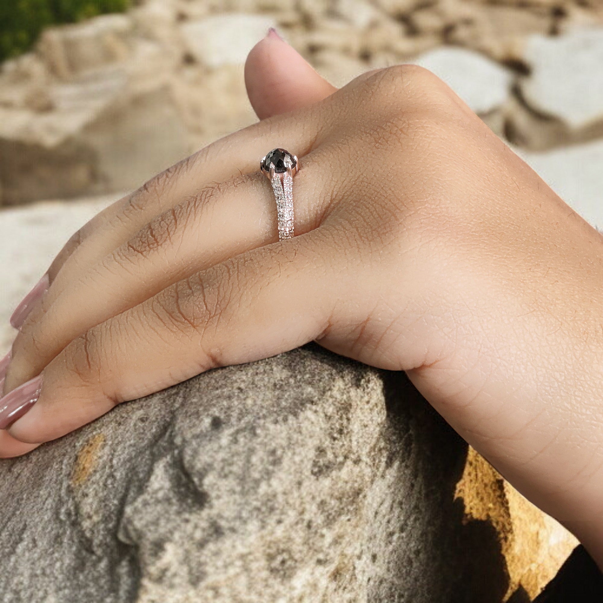 Round Rose Cut Salt And Pepper Diamond Ring 0.83 Ct 5.30 MM Round Diamond Ring 14K Rose Gold Silver Engagement Ring Gift For Her QN9672