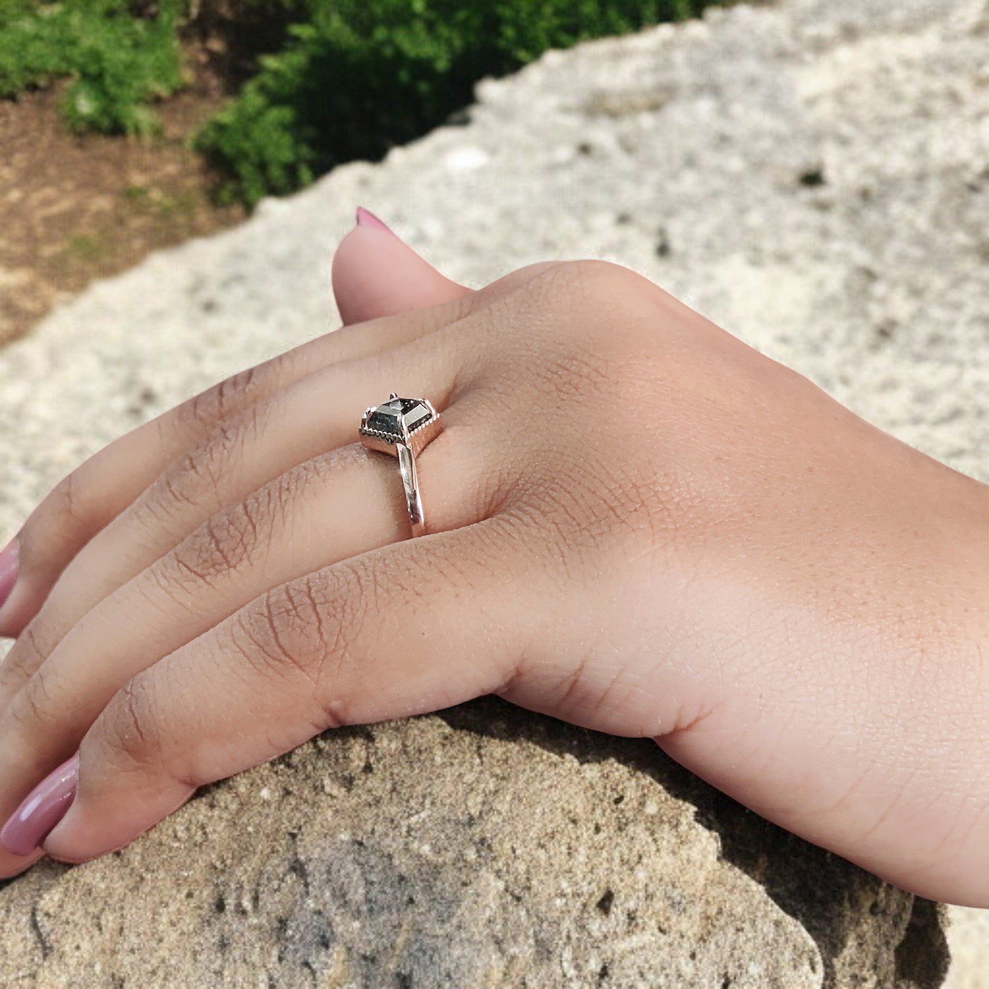 Kite Cut Salt And Pepper Diamond Ring 0.88 Ct 7.18 MM Kite Diamond Ring 14K Solid Rose Gold Silver Kite Engagement Ring Gift For Her QL2026