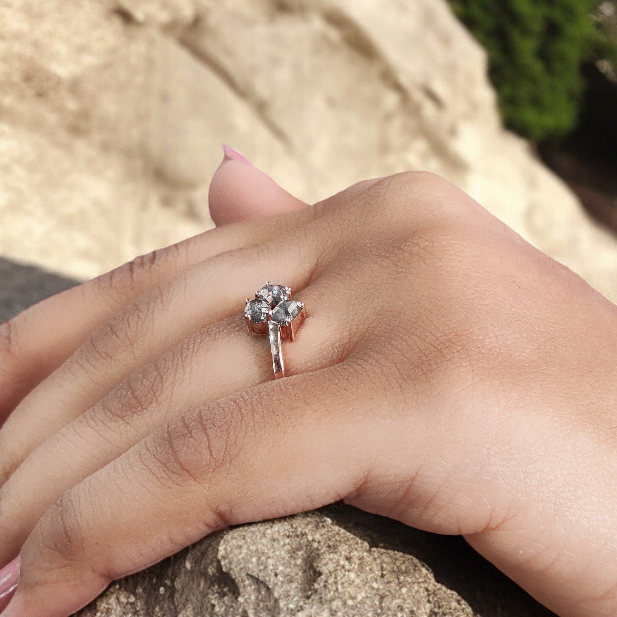 Mix Shape Salt And Pepper Diamond Ring 0.85 Ct 4.80 MM Mix Shape Diamond Ring 14K Solid Rose Gold Silver Engagement Ring Gift For Her QL636