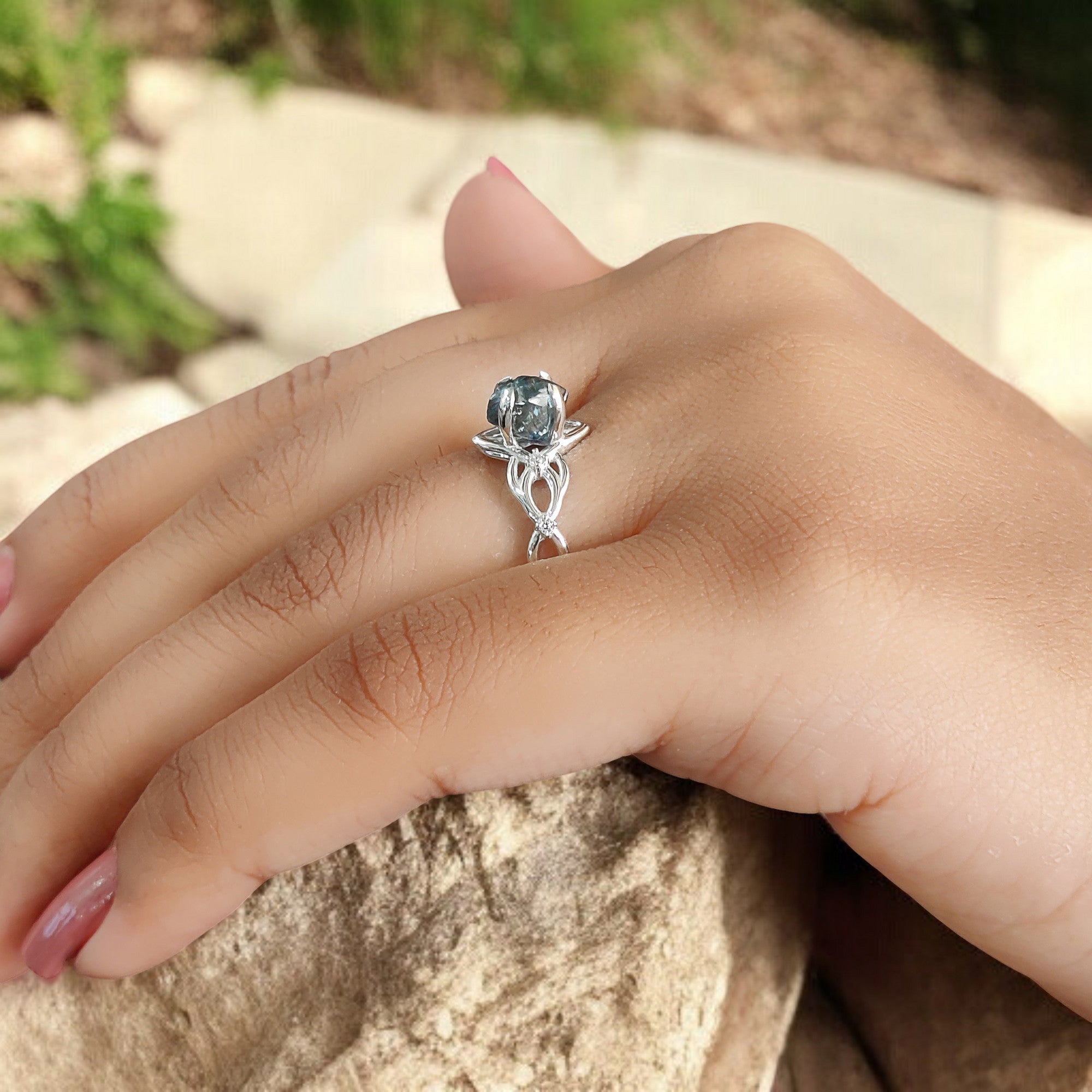 Rough Blue Color Diamond Ring 1.48 Ct 6.99 MM Crystal Rough Diamond Ring 14K Solid White Gold Silver Engagement Ring Gift For Her QL2357