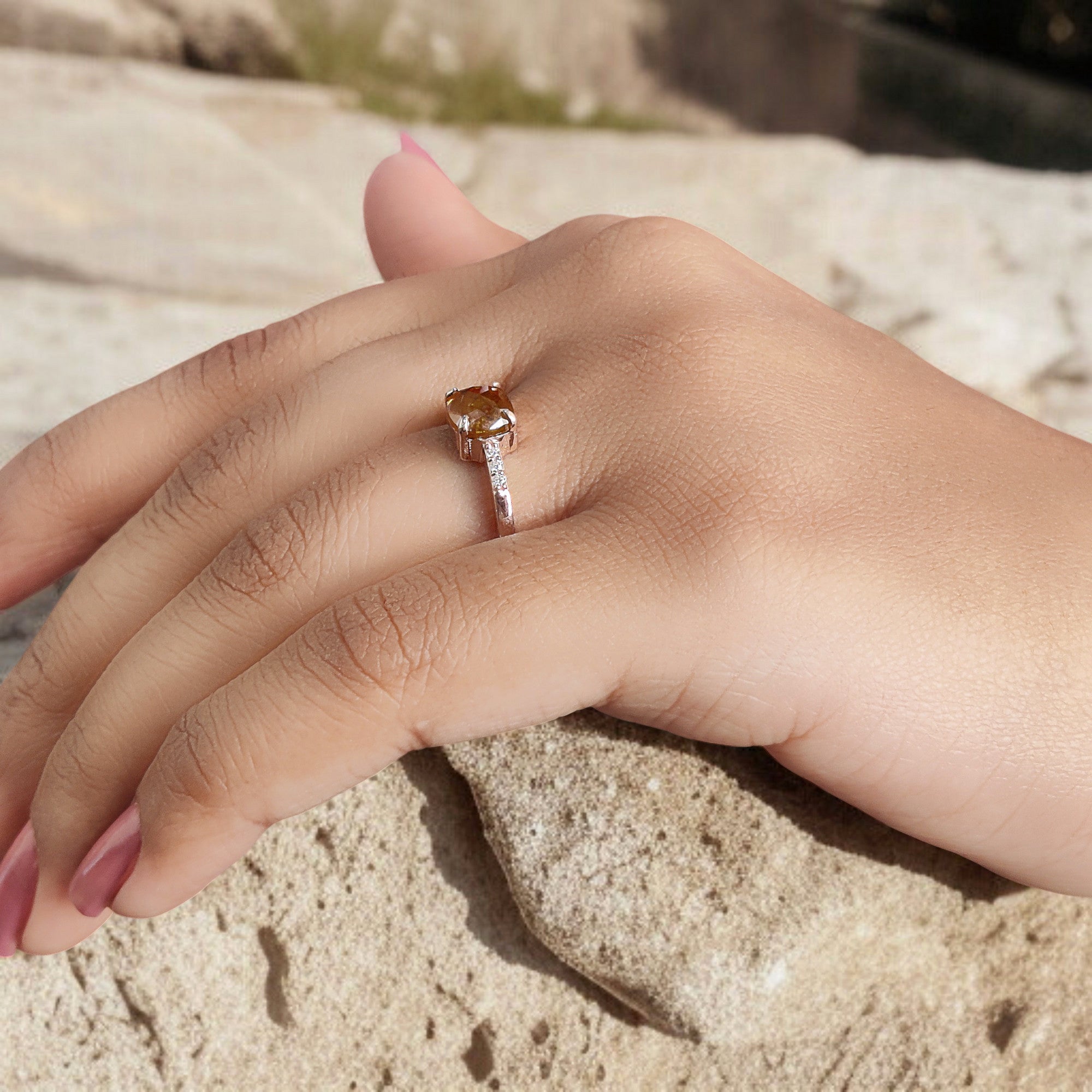 Cushion Yellow Color Diamond Ring 1.39 Ct 6.92 MM Brown Cushion Diamond Ring 14K Solid Rose Gold Silver Engagement Ring Gift For Her QL2885