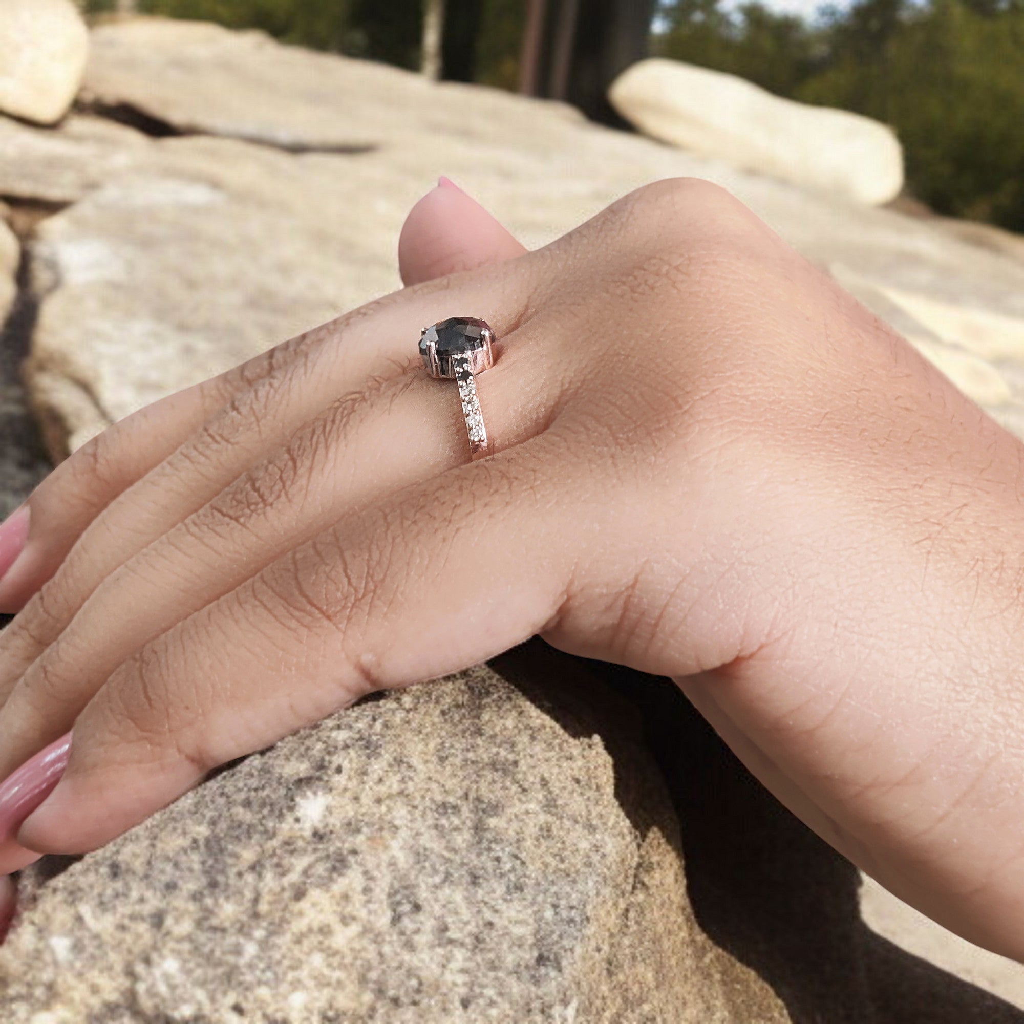 1.07 Ct Natural Oval Shape Salt And Pepper Diamond Ring 7.15 MM Oval Cut Diamond Ring 14K Solid Rose Gold Silver Engagement Ring QN404