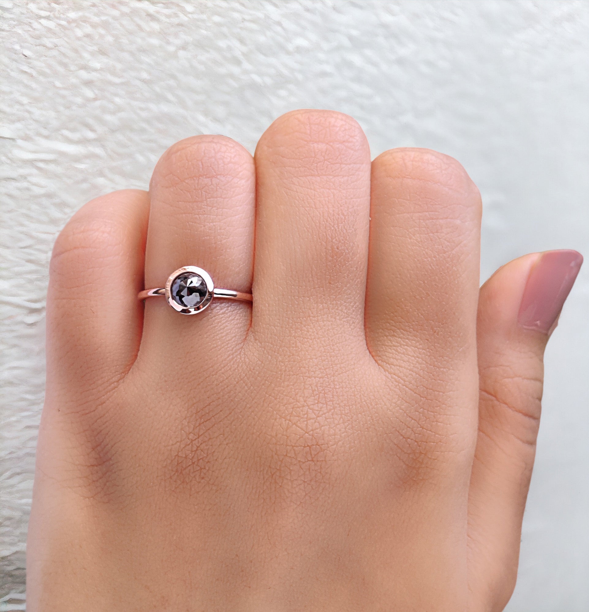 Round Rose Cut Salt And Pepper Diamond Ring 0.90 Ct 5.60 MM Round Shape Diamond Ring 14K Rose Gold Silver Engagement Ring Gift For Her QN8896