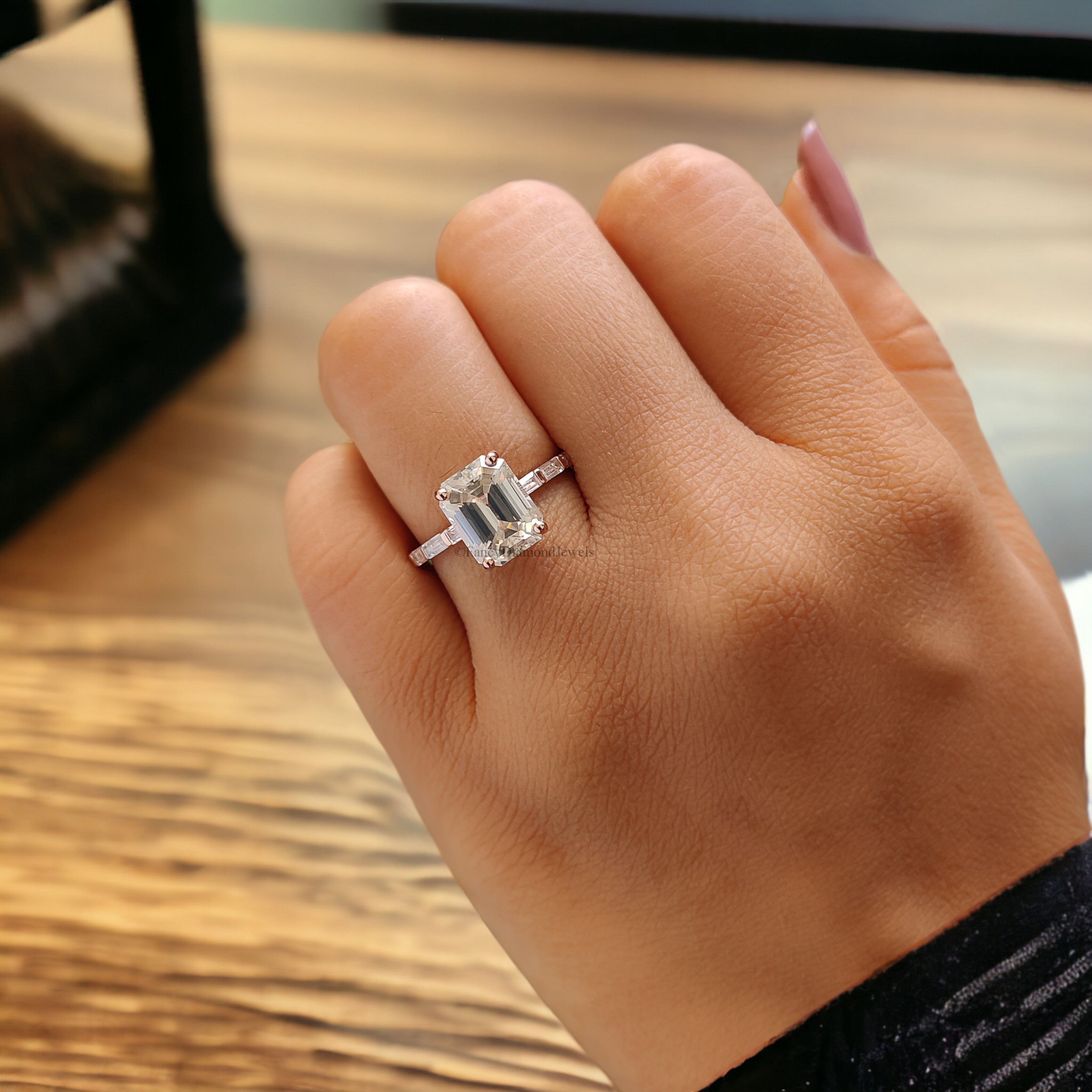 2.45 CT Emerald Cut Colorless Moissanite Engagement Ring Side Baguette Moissanite Wedding Ring Anniversary Gift For Her Handmade Ring FD149