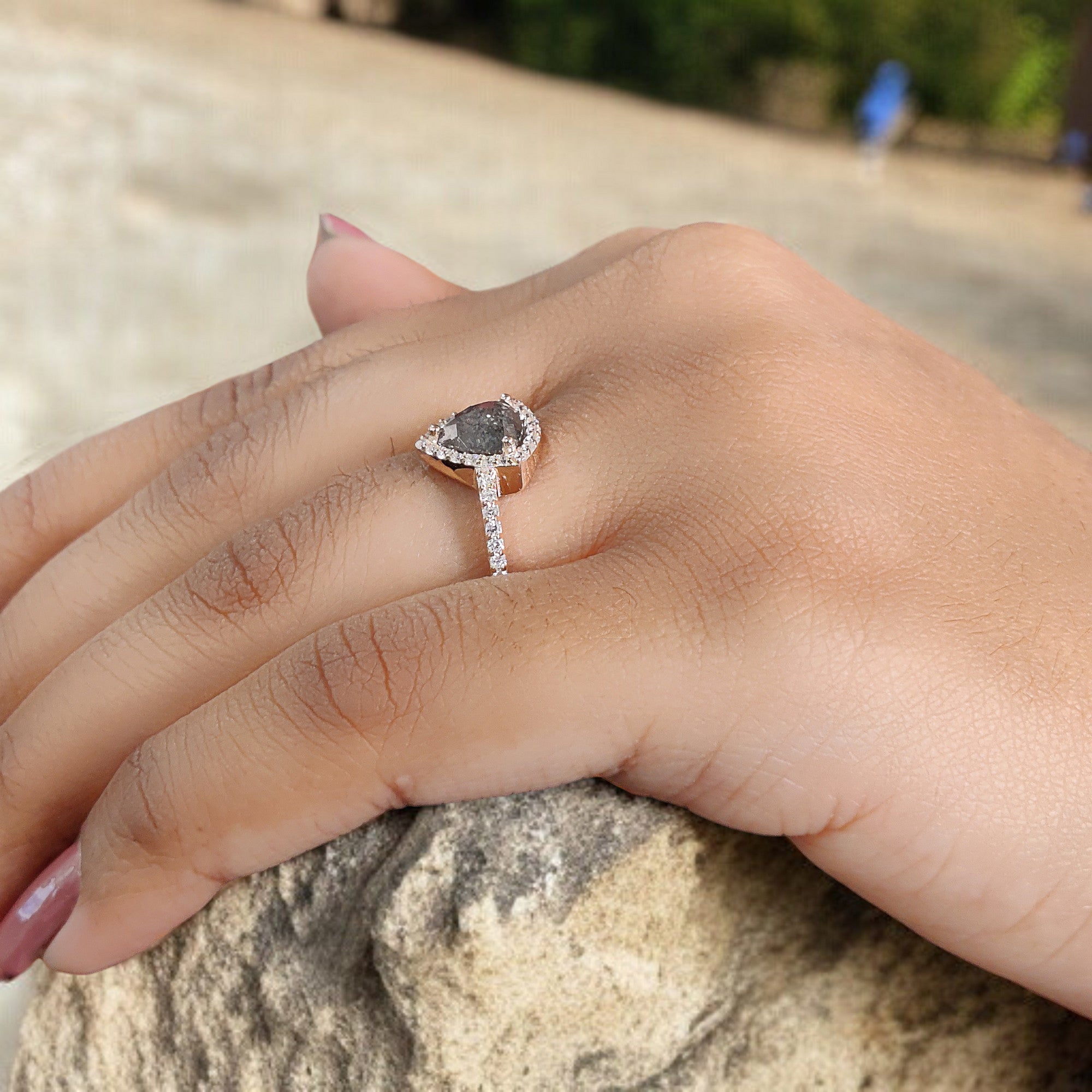 Triangle Salt And Pepper Diamond Ring 1.12 Ct 7.45 MM Triangle Diamond Ring 14K Solid Rose Gold Silver Engagement Ring Gift For Her QL2923