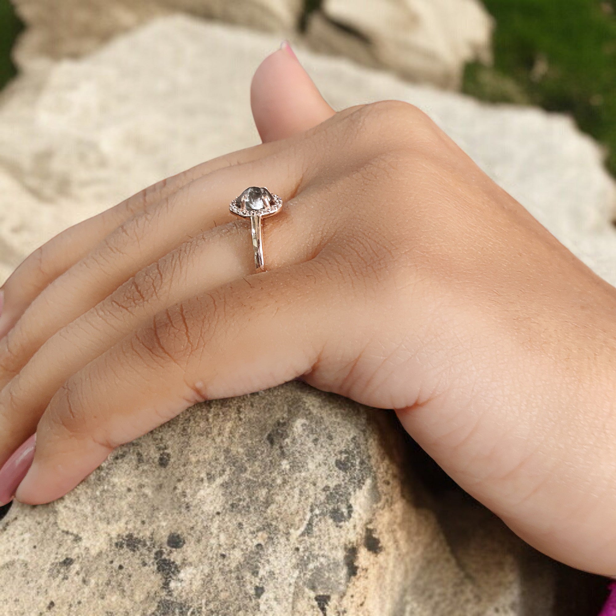 Rough Blue Color Diamond Ring 0.91 Ct 5.73 MM Crystal Rough Diamond Ring 14K Solid Rose Gold Silver Engagement Ring Gift For Her QL2239