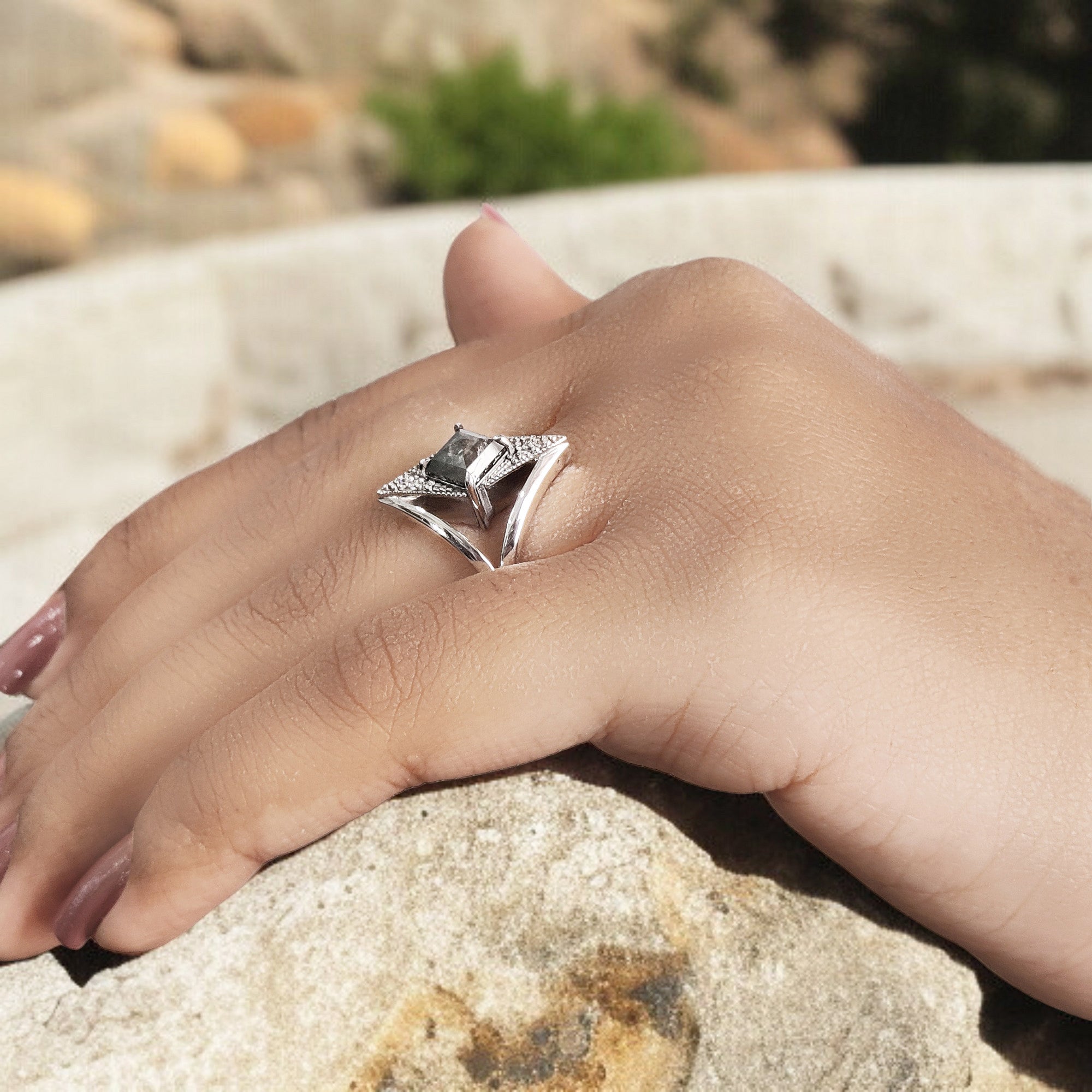 Kite Cut Salt And Pepper Diamond Ring 0.97 Ct 8.09 MM Kite Diamond Ring 14K Solid Rose Gold Silver Kite Engagement Ring Gift For Her QL2199