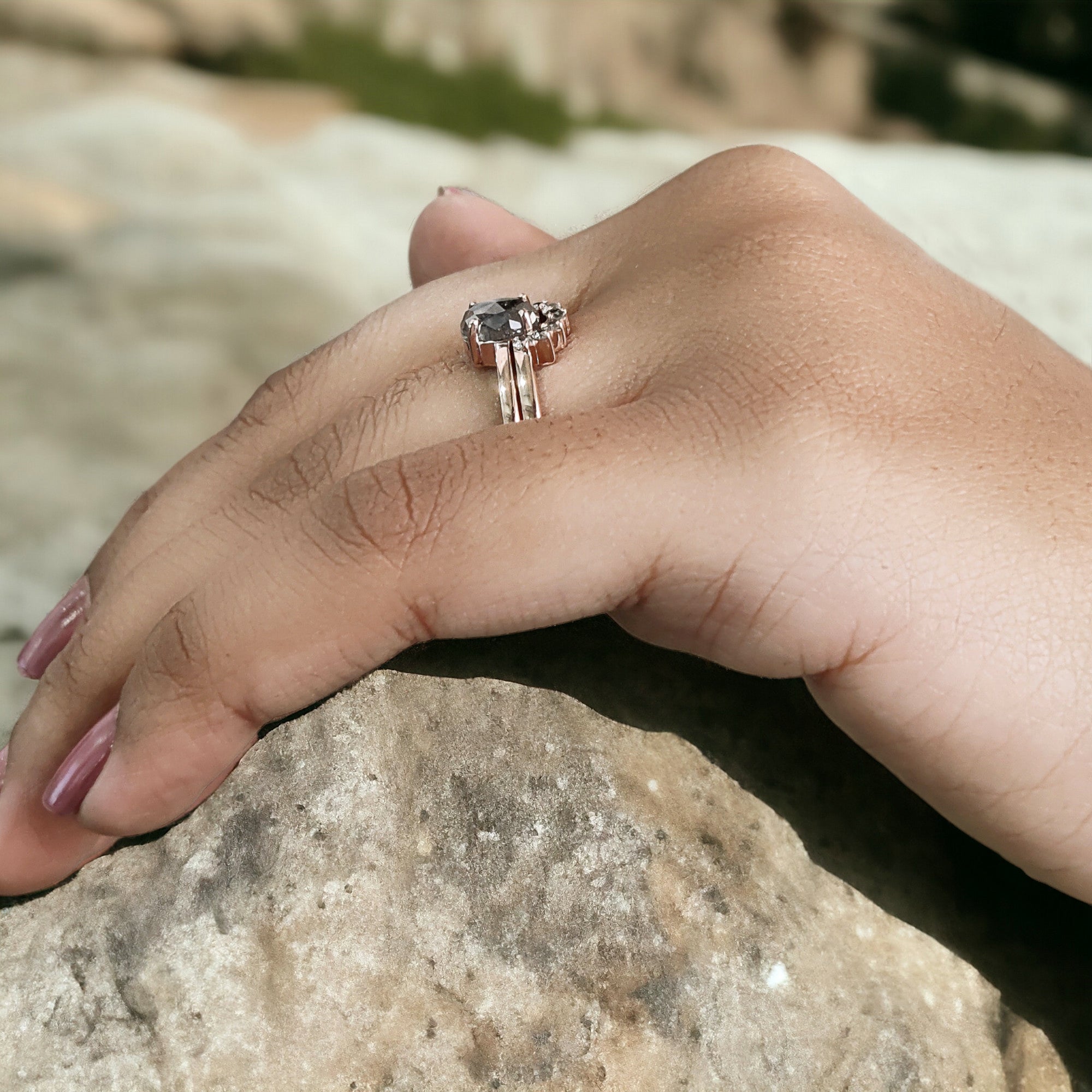 1.00 Ct Natural Oval Cut Salt and Pepper Diamond Ring 6.85 MM Oval Cut Diamond Ring 14K Solid Rose Gold Silver Oval Engagement Ring QN1207