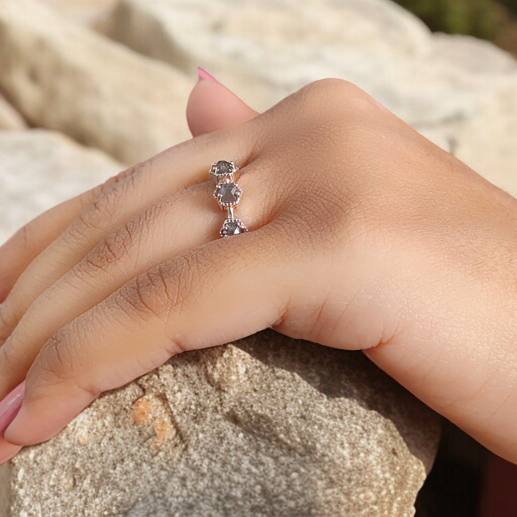 Hexagon Cut Salt And Pepper Diamond Ring 1.24 Ct 3.60 MM Hexagon Cut Diamond Ring 14K Rose Gold Silver Engagement Ring Gift For Her QL7558