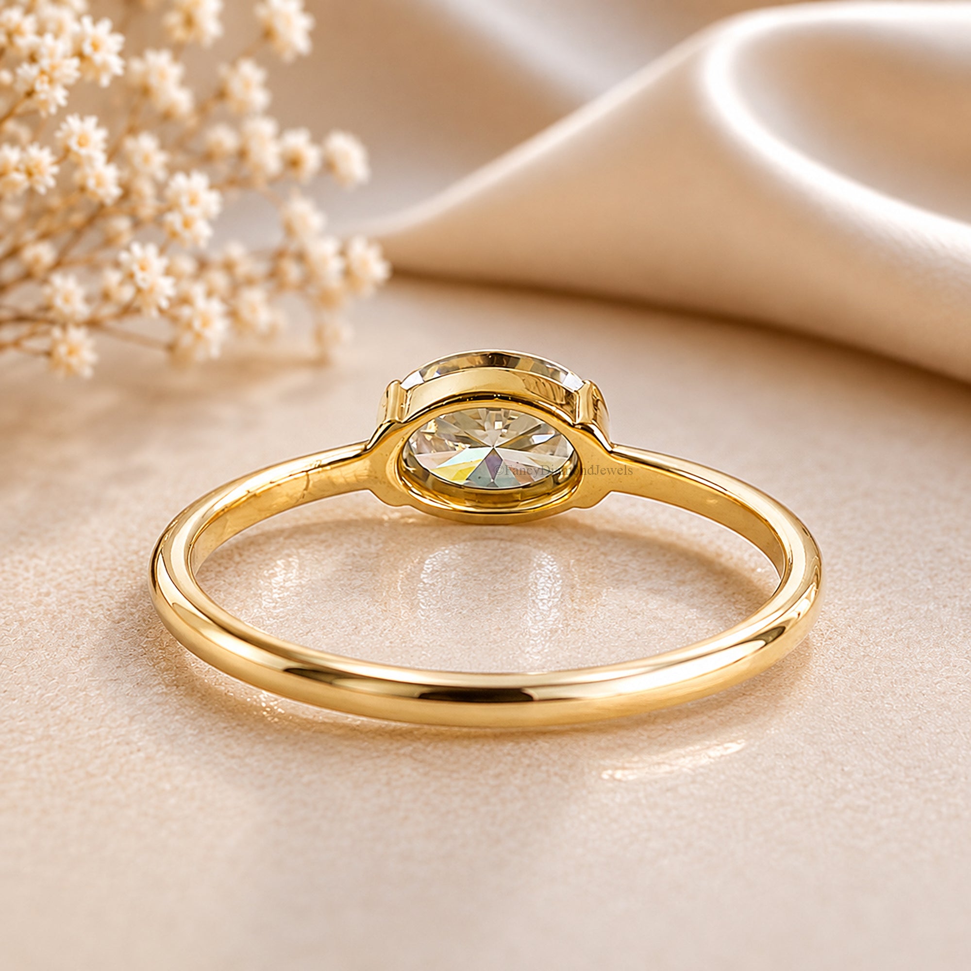 Oval Shape Lab Grown Diamond Half Bezel Ring Solid Gold, Thin Dainty Ring, Oval Diamond Pinky Ring, Minimal Wedding Band Gift For Her FD564