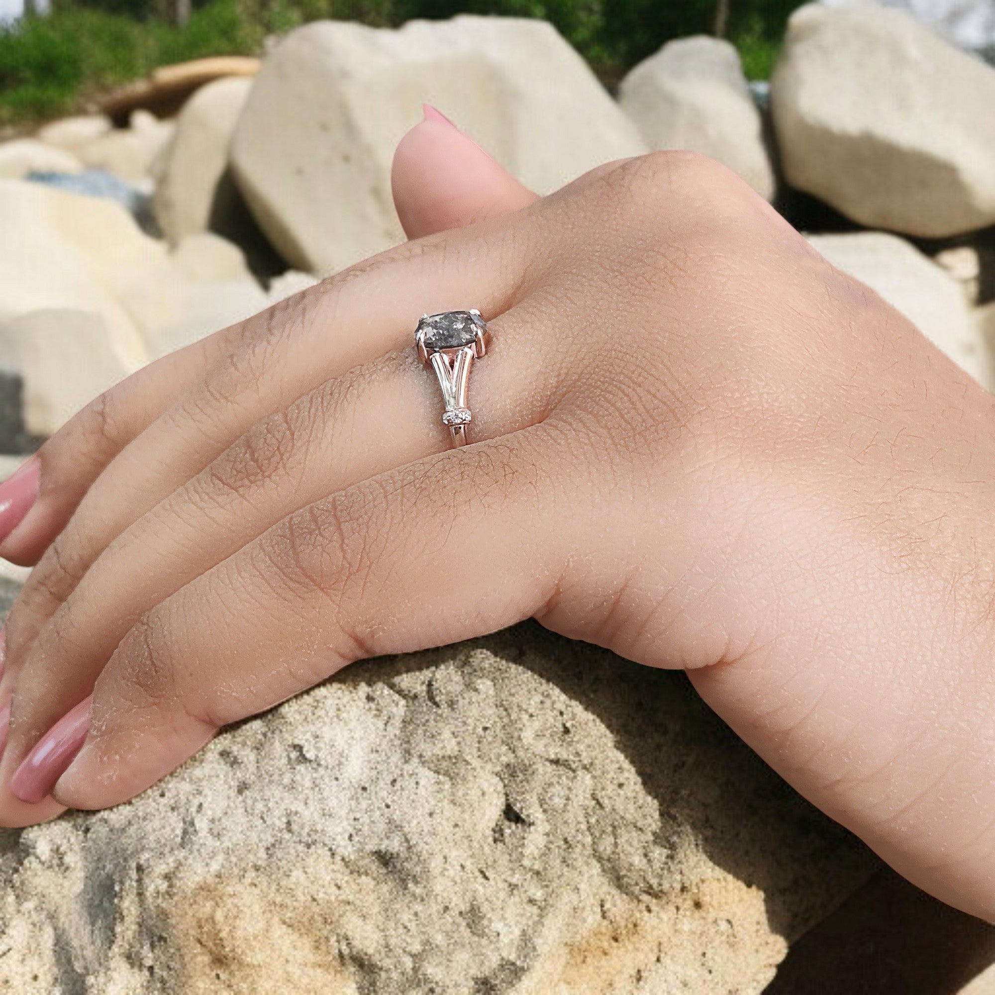 Oval Cut Salt And Pepper Diamond Ring 0.89 Ct 6.90 MM Oval Shape Diamond Ring 14K Solid Rose Gold Silver Engagement Ring Gift For Her QL1445