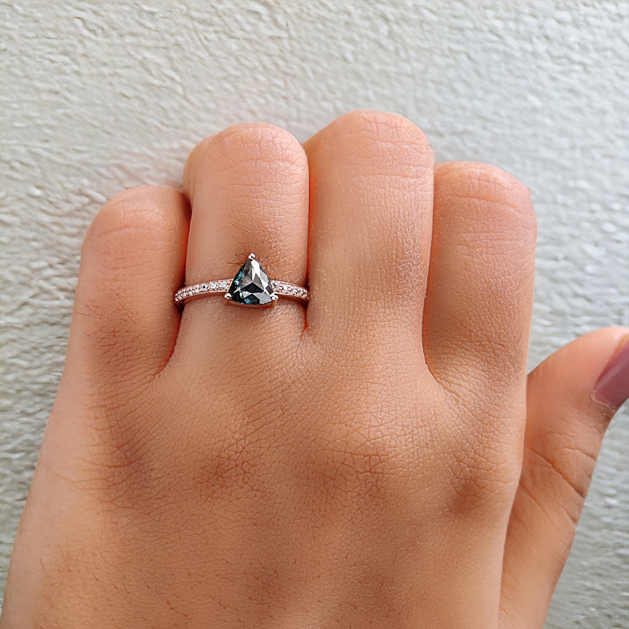 Triangle Cut Blue Color Diamond Ring 1.02 Ct 6.50 MM Triangle Shape Diamond Ring 14K Solid Rose Gold Silver Engagement Ring Gift For Her QN9474