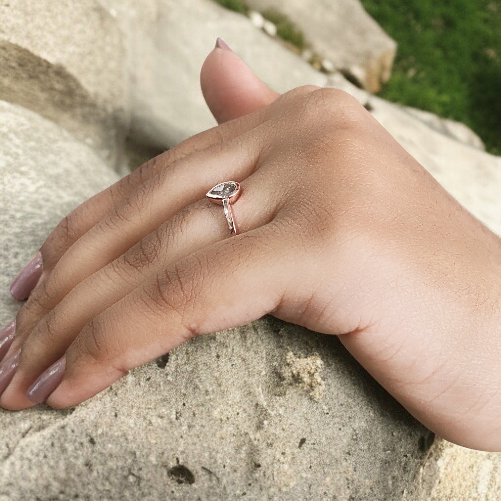 0.35 Ct Natural Pear Cut Salt And Pepper Diamond Ring 6.15 MM Pear Diamond Ring 14K Solid Rose Gold Silver Engagement Ring Pear Ring QN554