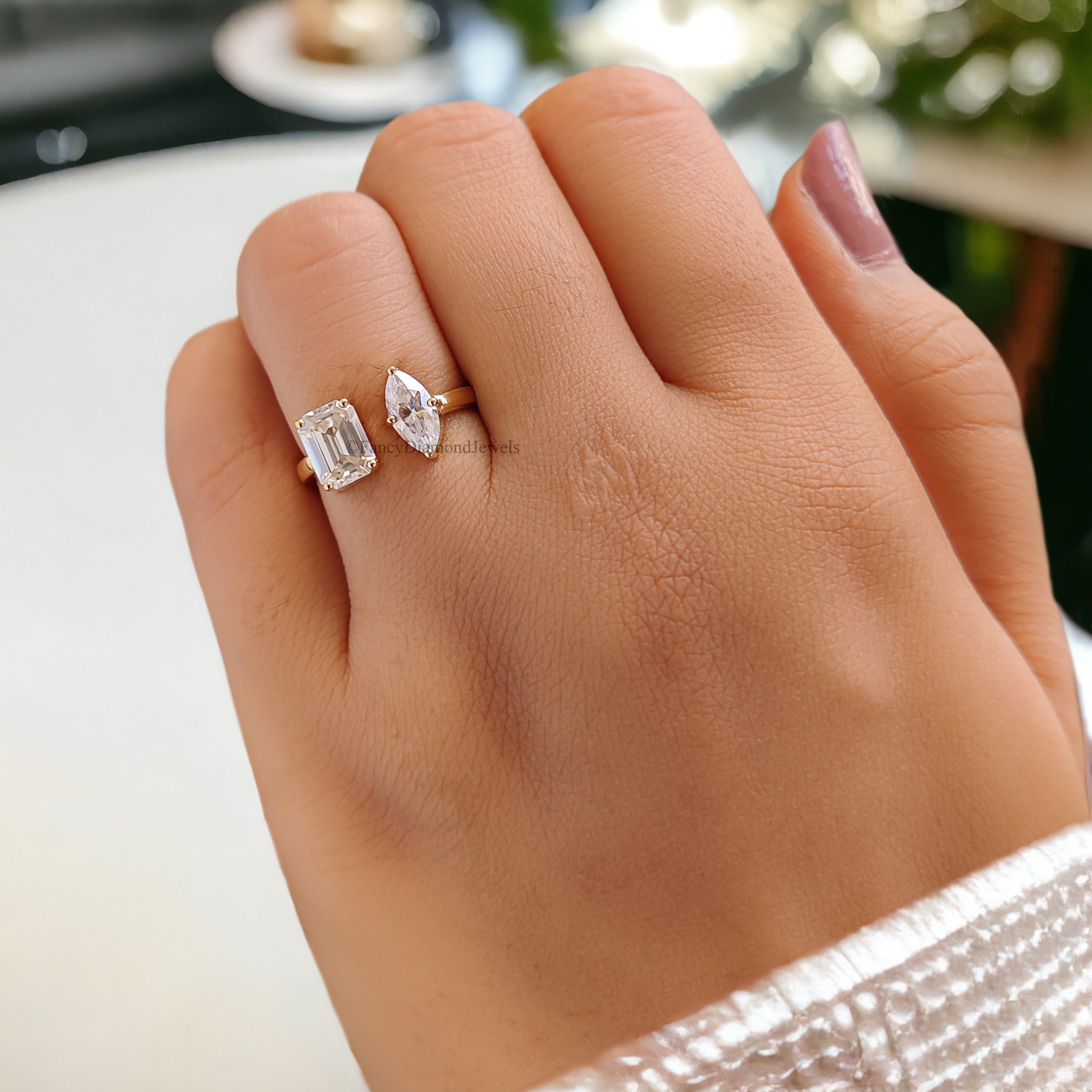 Toi Et Moi Moissanite Ring Marquise And Emerald Moissanite Wedding Ring Colorless Moissanite Engagement Ring Open Cuff Proposal Ring FD141