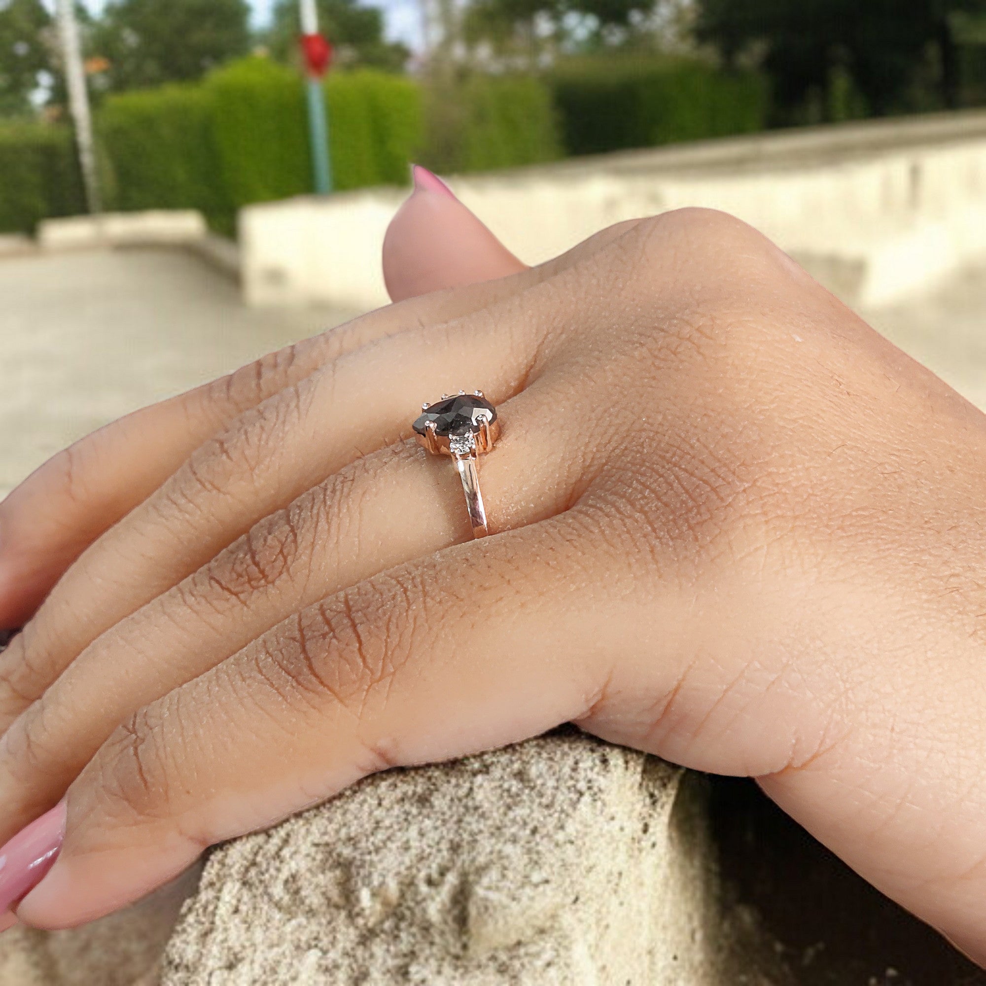 0.82 Ct Natural Pear Cut Salt And Pepper Diamond Ring 7.30 MM Pear Diamond Ring 14K Solid Rose Gold Silver Engagement Ring Pear Ring QL9907