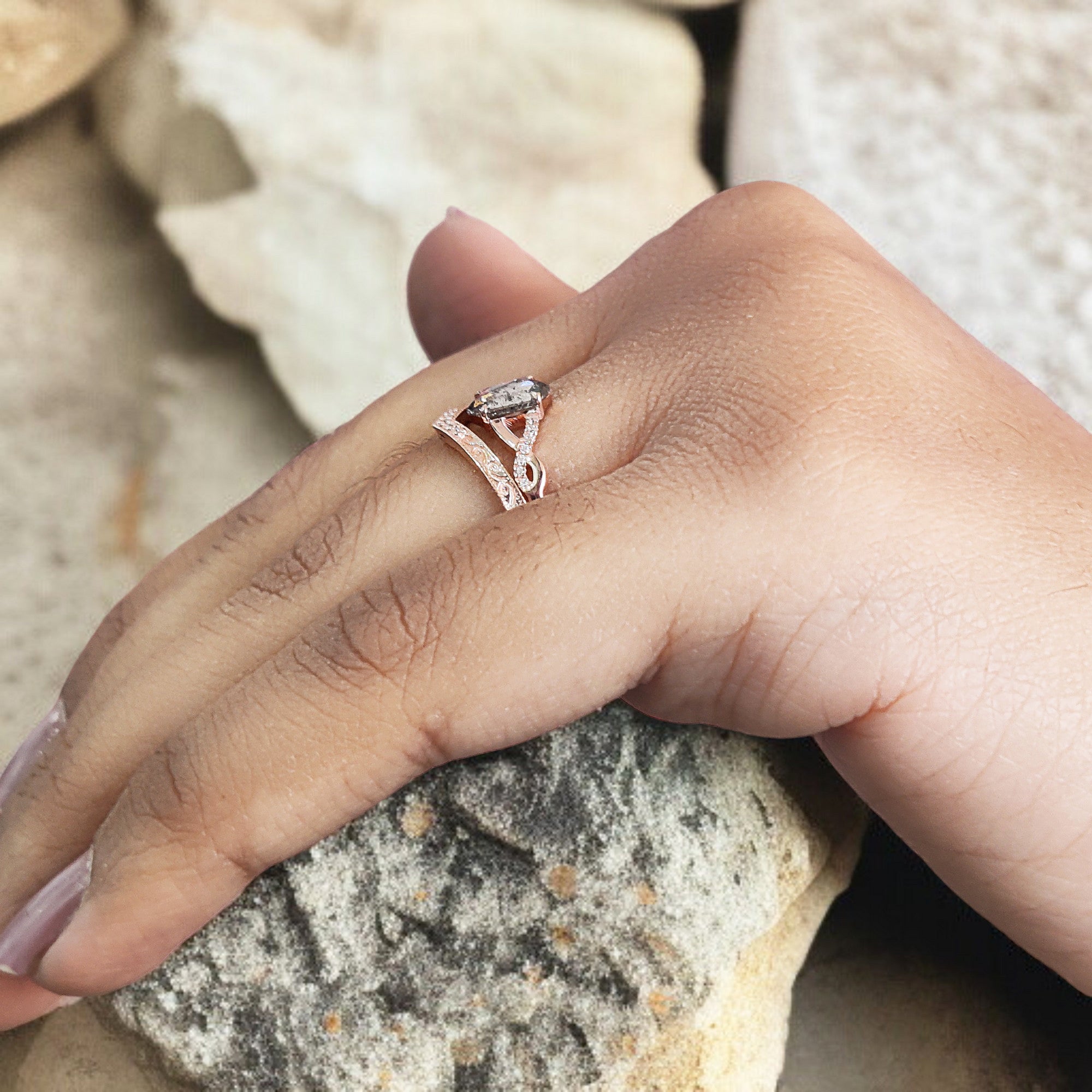 Hexagon Cut Salt And Pepper Diamond Ring 0.46 Ct 6.74 MM Hexagon Diamond Ring 14K Solid Rose Gold Silver Engagement Ring Gift For Her QN2139