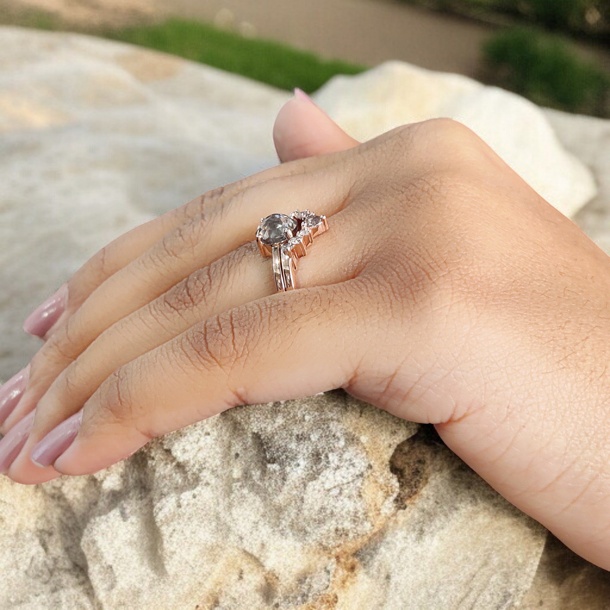 Round Rose Cut Salt And Pepper Diamond Ring 1.57 Ct 7.06 MM Round Diamond Ring 14K Rose Gold Silver Engagement Ring Gift For Her QL9234