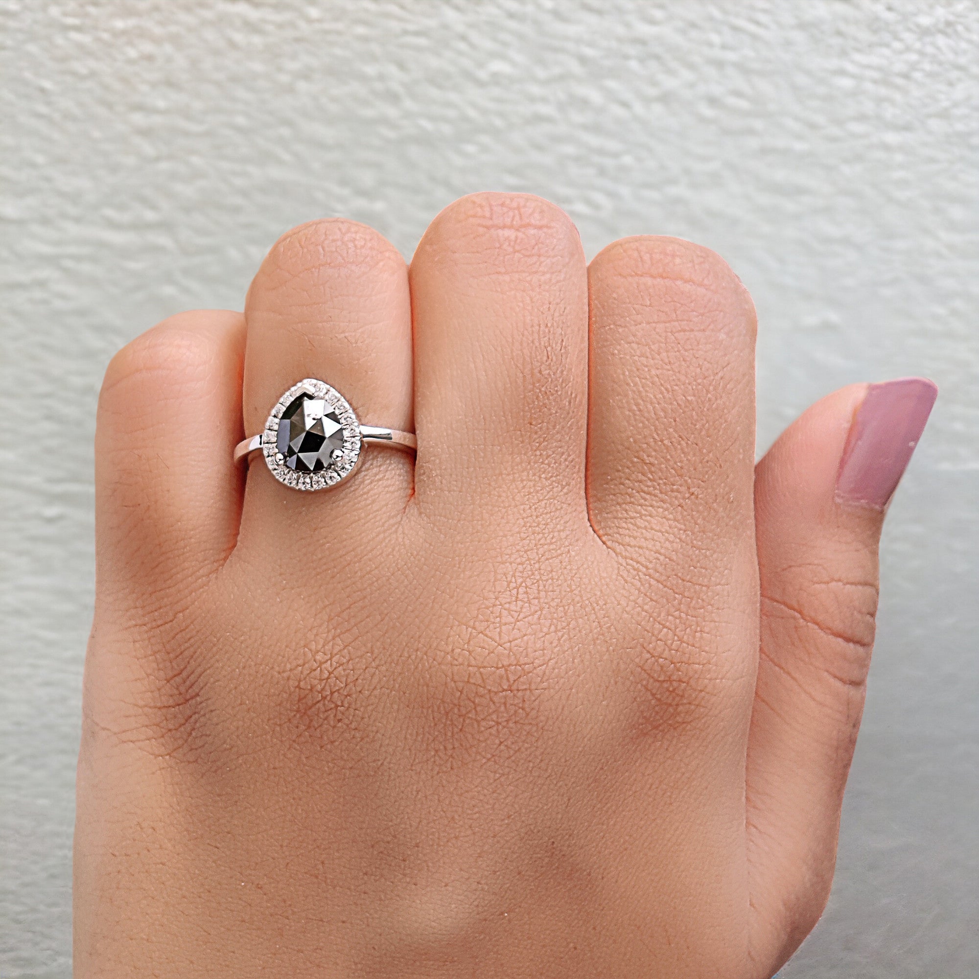 Pear Cut Black Color Diamond Ring 1.58 Ct 8.20 MM Pear Shape Diamond Ring 14K Solid White Gold Silver Engagement Ring Gift For Her QN8801