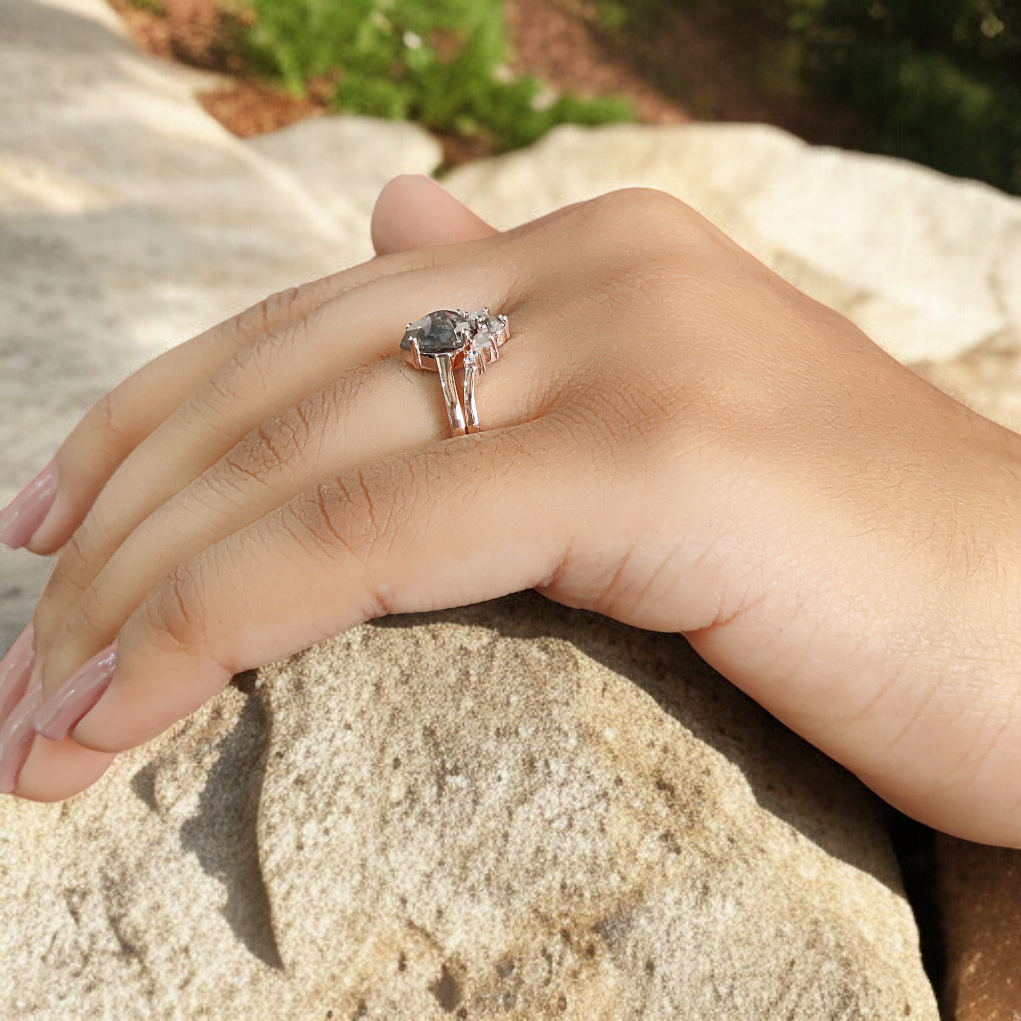 Pear Cut Salt And Pepper Diamond Ring 1.47 Ct 8.05 MM Pear Diamond Ring 14K Solid Rose Gold Silver Pear Engagement Ring Gift For Her QL1561