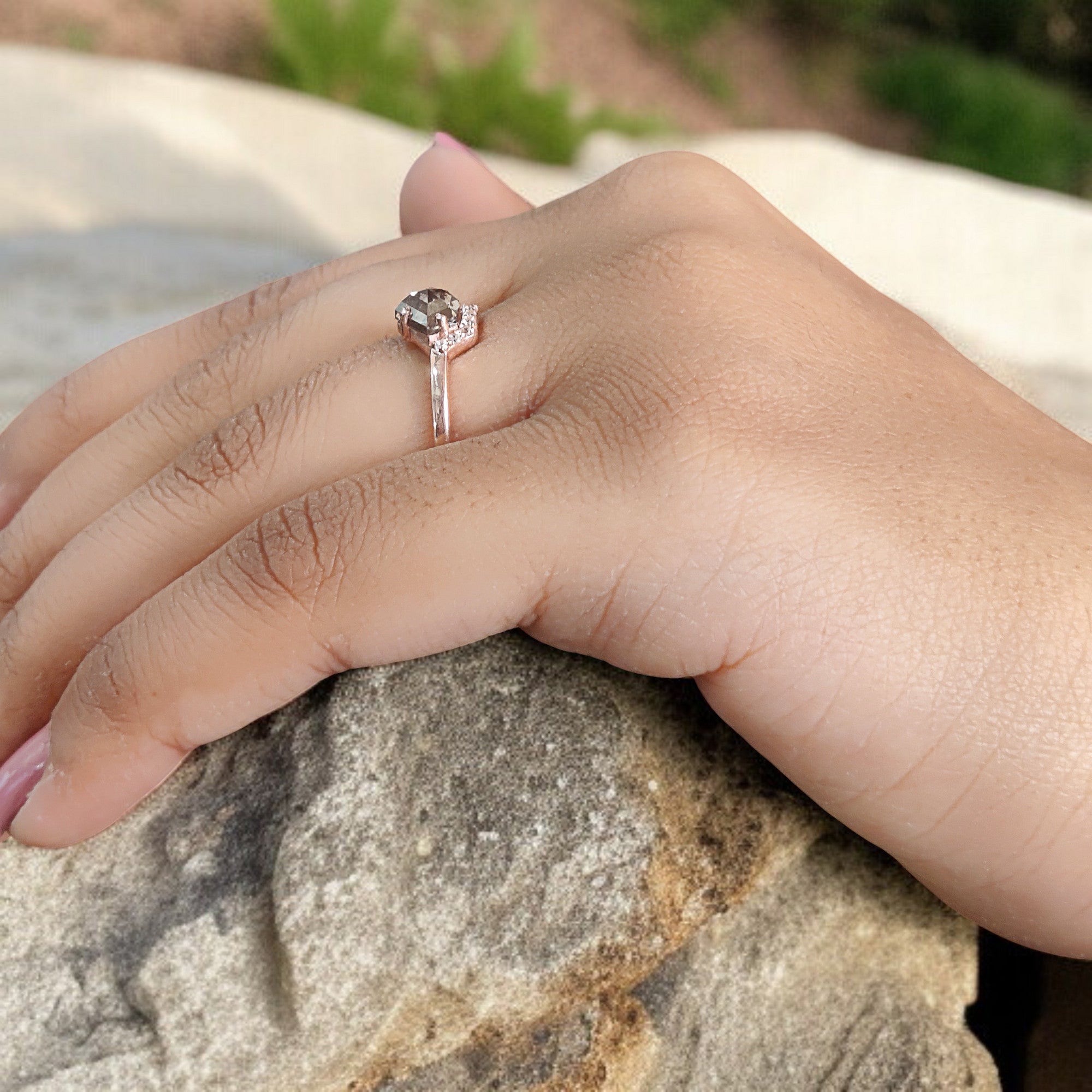 Shield Cut Salt And Pepper Diamond Ring 1.04 Ct 5.71 MM Shield Diamond Ring 14K Solid Rose Gold Silver Engagement Ring Gift For Her QL9520