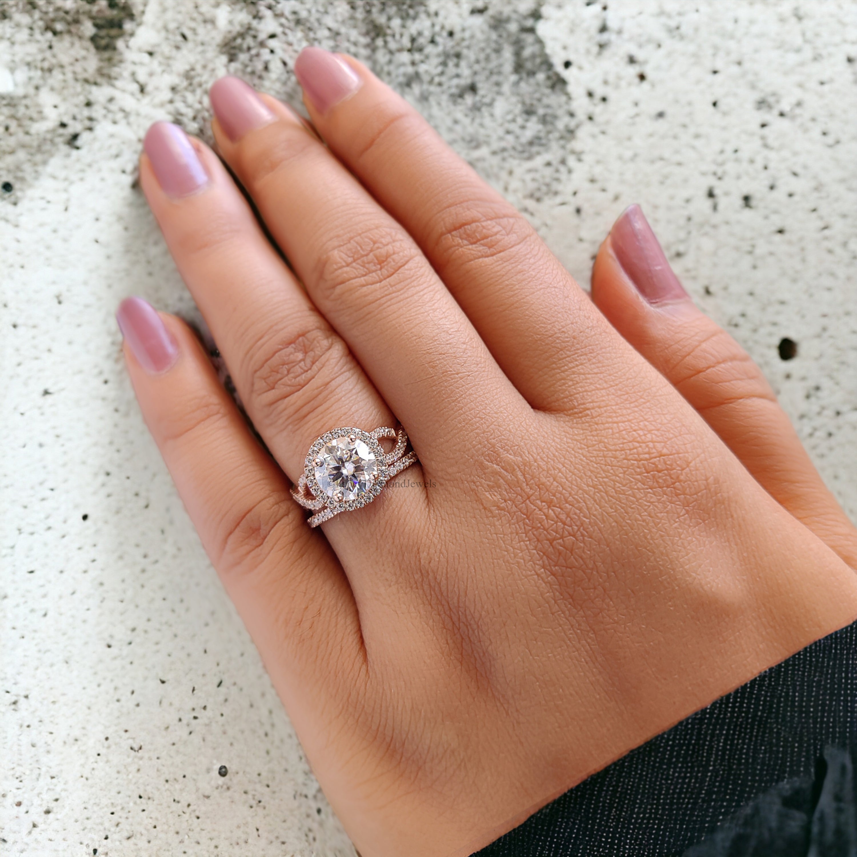 Round Cut Engagement Ring Set 14k/18k Rose Gold Round Cut Bridal Set Moissanite Engagement Ring Prong Set Wedding Ring Gift For Mom FD139