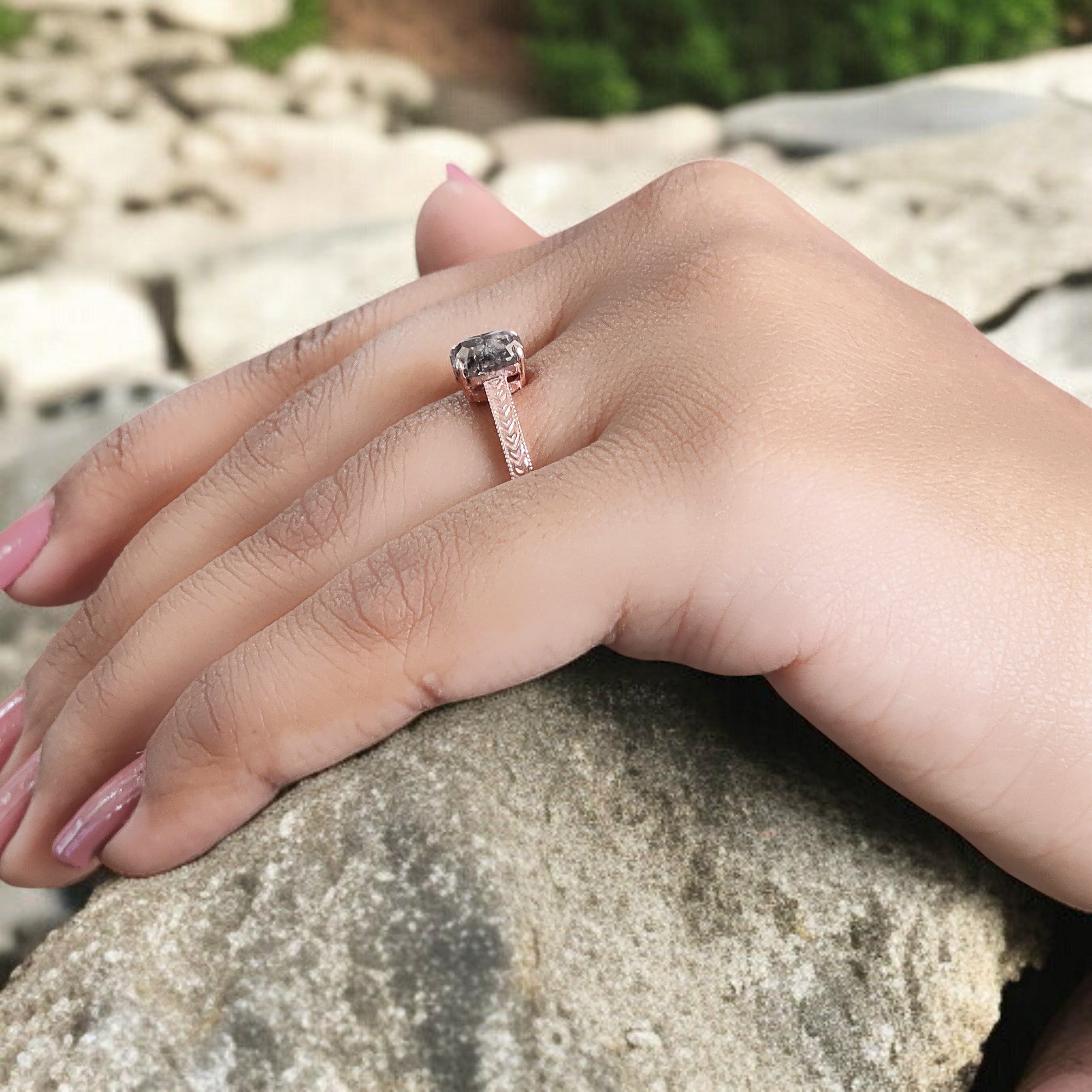 Emerald Salt And Pepper Diamond Ring 1.20 Ct 6.74 MM Emerald Diamond Ring 14K Solid Rose Gold Silver Engagement Ring Gift For Her QL9570