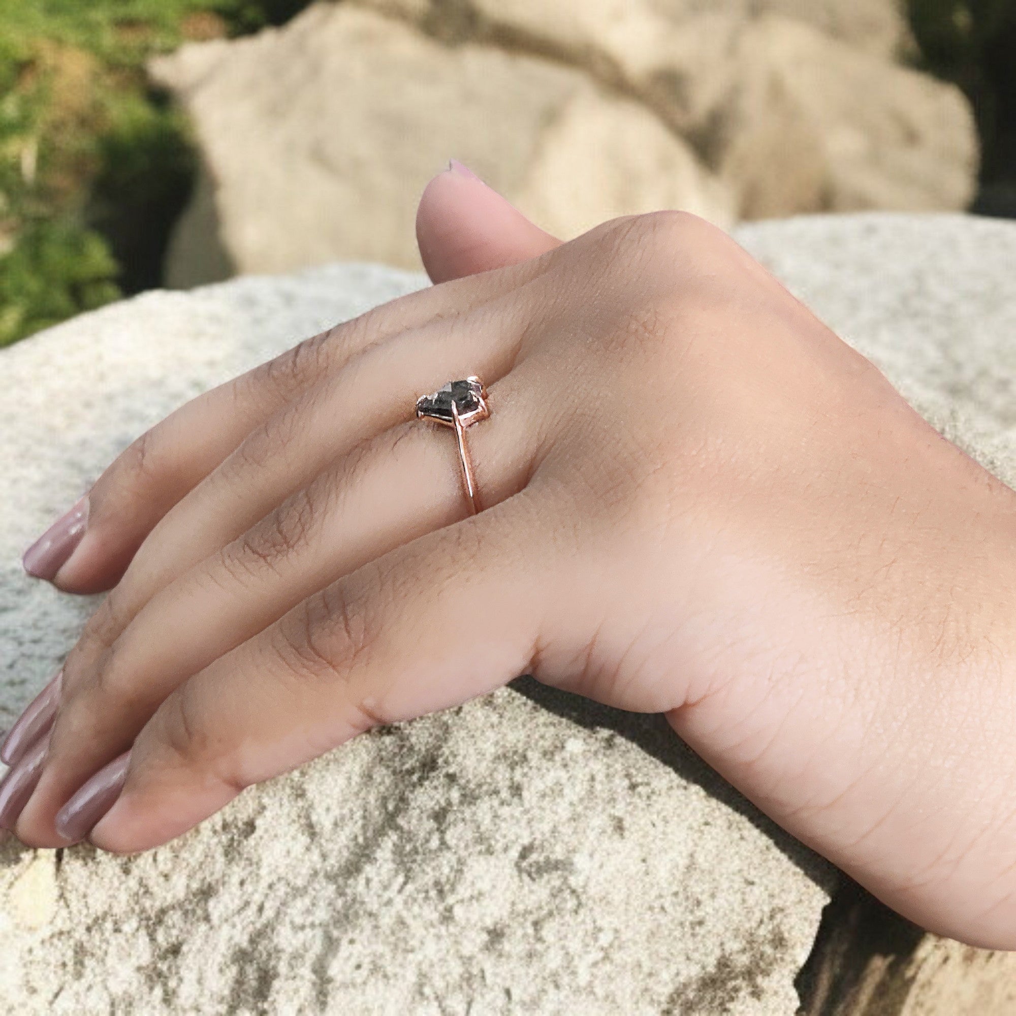 0.80 Ct Natural Shield Shape Salt And Pepper Diamond Ring 6.60 MM Shield Cut Diamond Ring 14K Solid Rose Gold Silver Engagement Ring QL7662