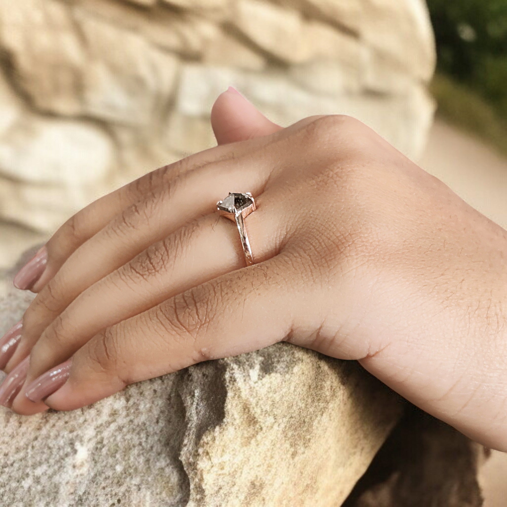 Pentagon Cut Salt And Pepper Diamond Ring 1.10 Ct 7.45 MM Pentagon Diamond Ring 14K Rose Gold Silver Engagement Ring Gift For Her QL601