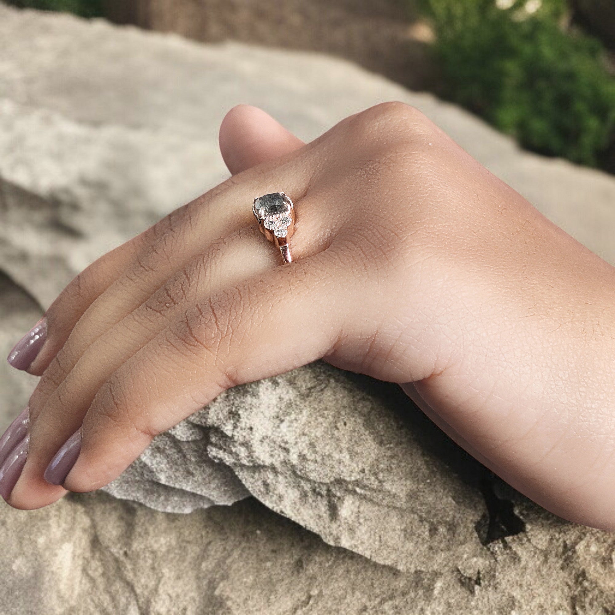 Cushion Cut Salt And Pepper Diamond Ring 0.95 Ct 5.60 MM Cushion Diamond Ring 14K Solid Rose Gold Silver Engagement Ring Gift For Her QN794