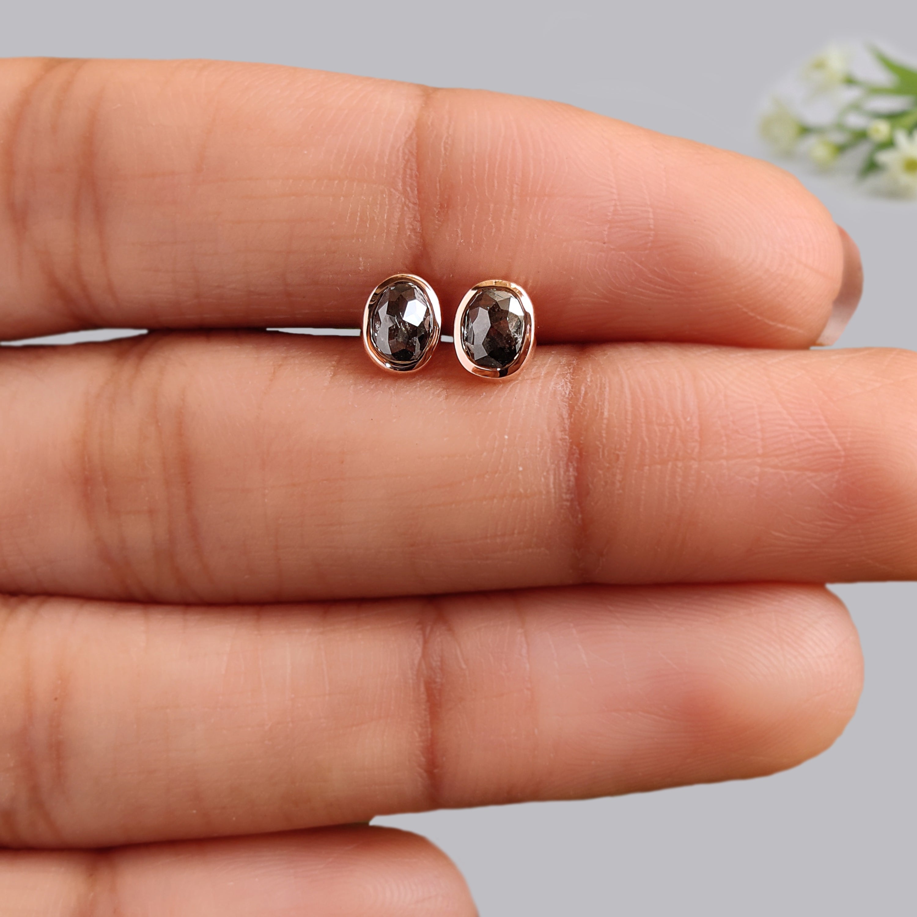 Oval Cut Salt And Pepper Diamond Earring 0.60 Ct 4.95 MM Oval Shape Diamond Earring 14K Solid Rose Gold Silver Earring Gift For Her KDL2558