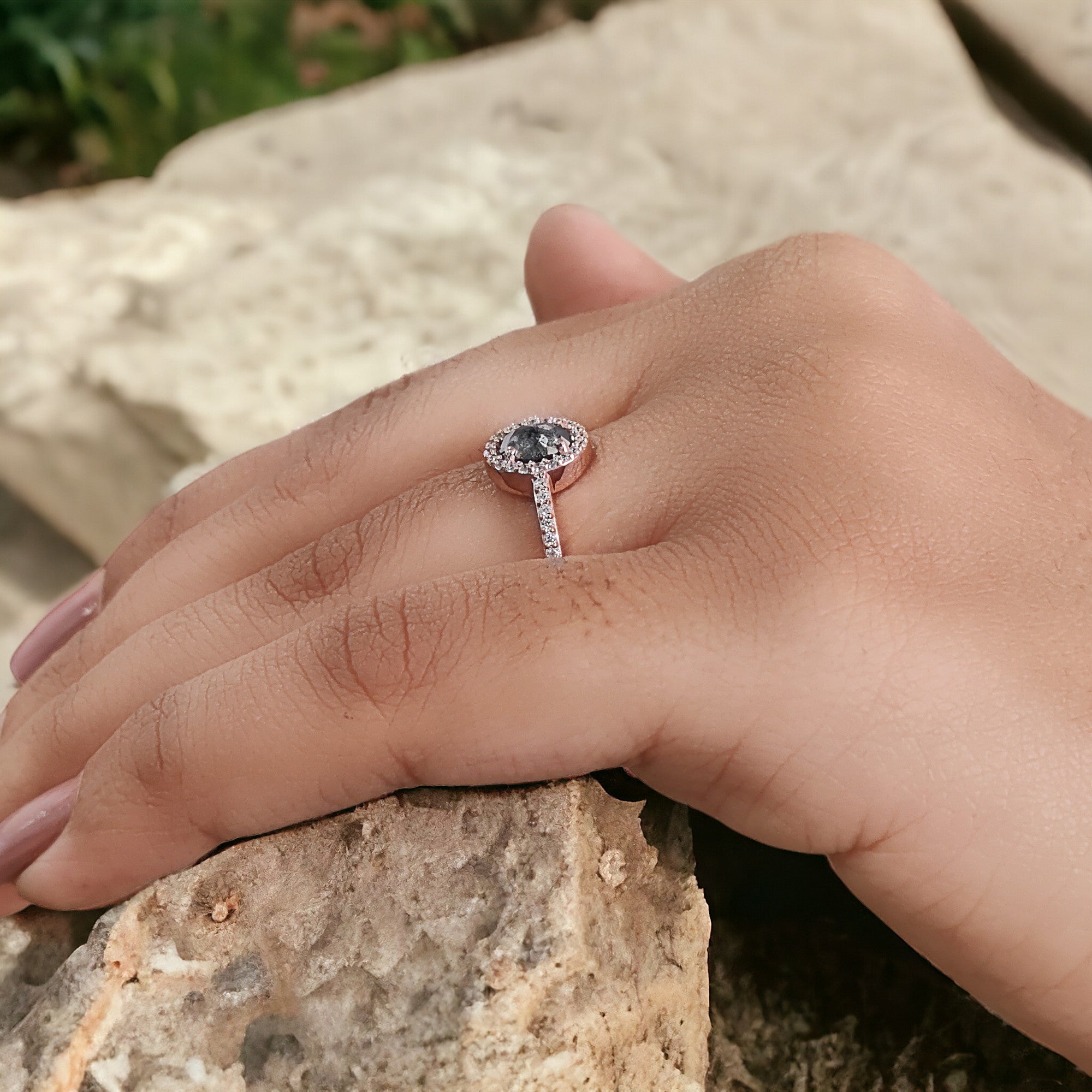 Oval Cut Salt And Pepper Diamond Ring 0.52 Ct 5.85 MM Oval Diamond Ring 14K Solid Rose Gold Silver Oval Engagement Ring Gift For Her QN1147