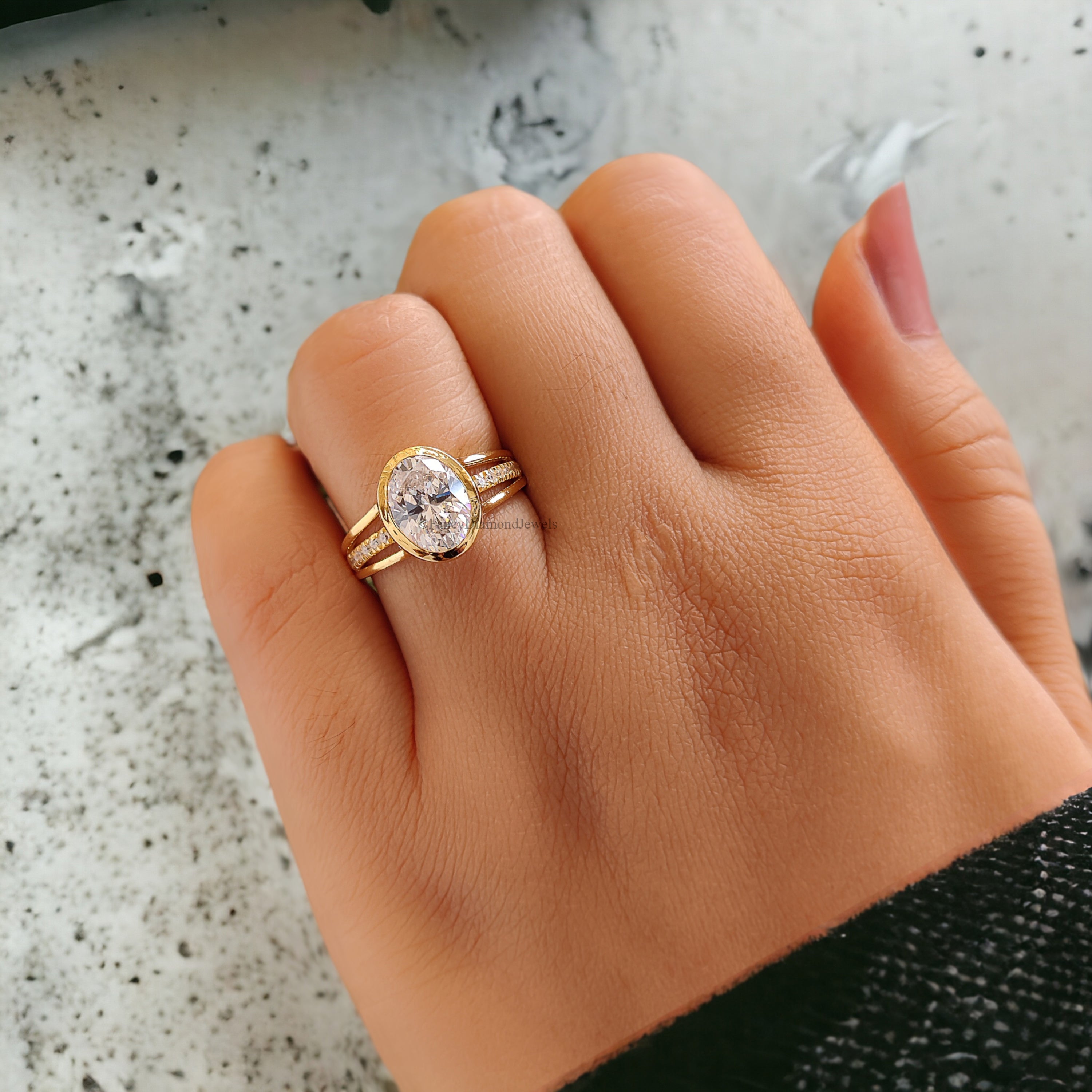 3.30 CT Vintage Style Oval Cut Solitaire With Accent Moissanite Engagement Ring Full Bezel Diamond Ring Split Shank Ring 14K Gold Ring FD147