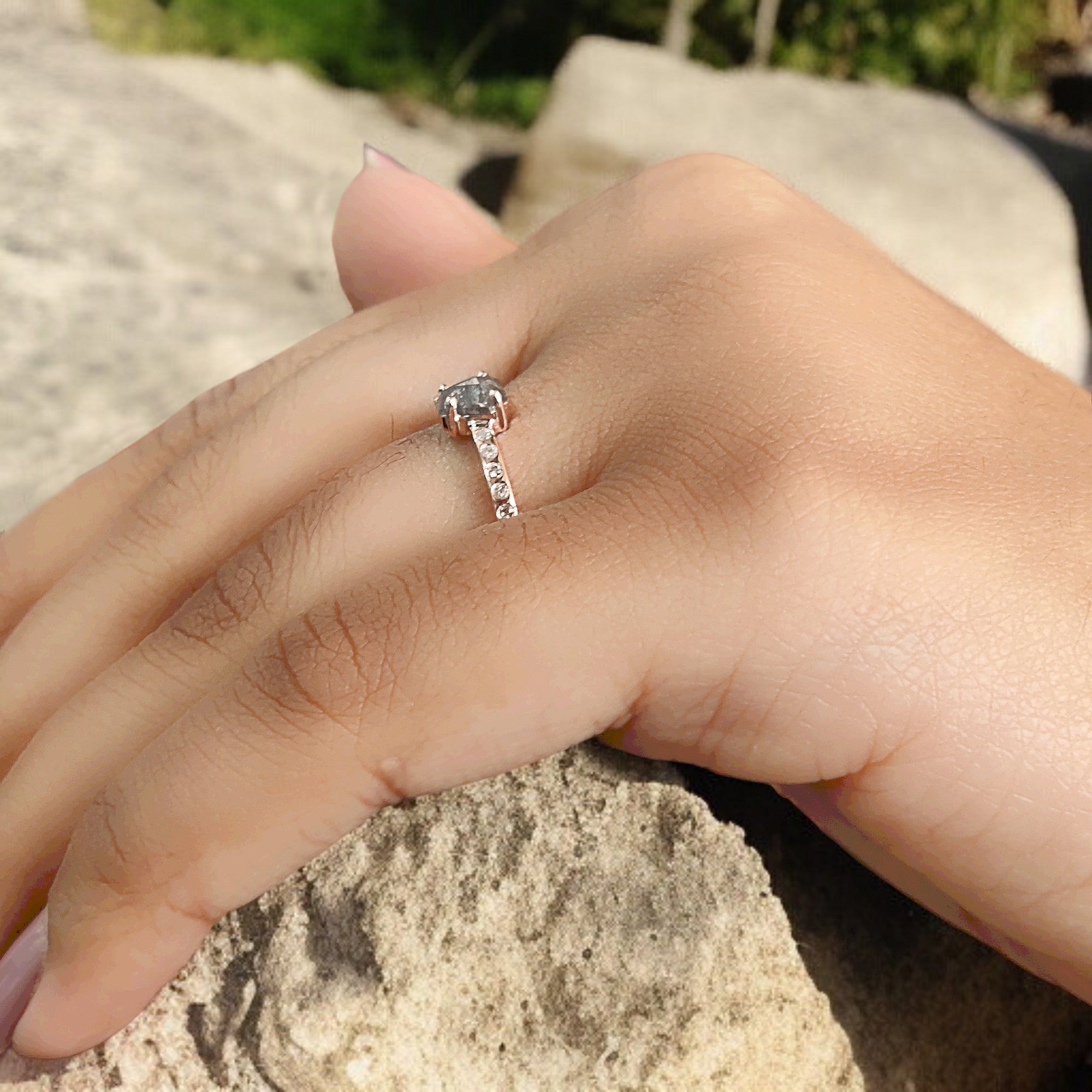 Coffin Cut Salt And Pepper Diamond Ring 0.46 Ct 5.30 MM Coffin Diamond Ring 14K Solid Rose Gold Silver Engagement Ring Gift For Her QN8892