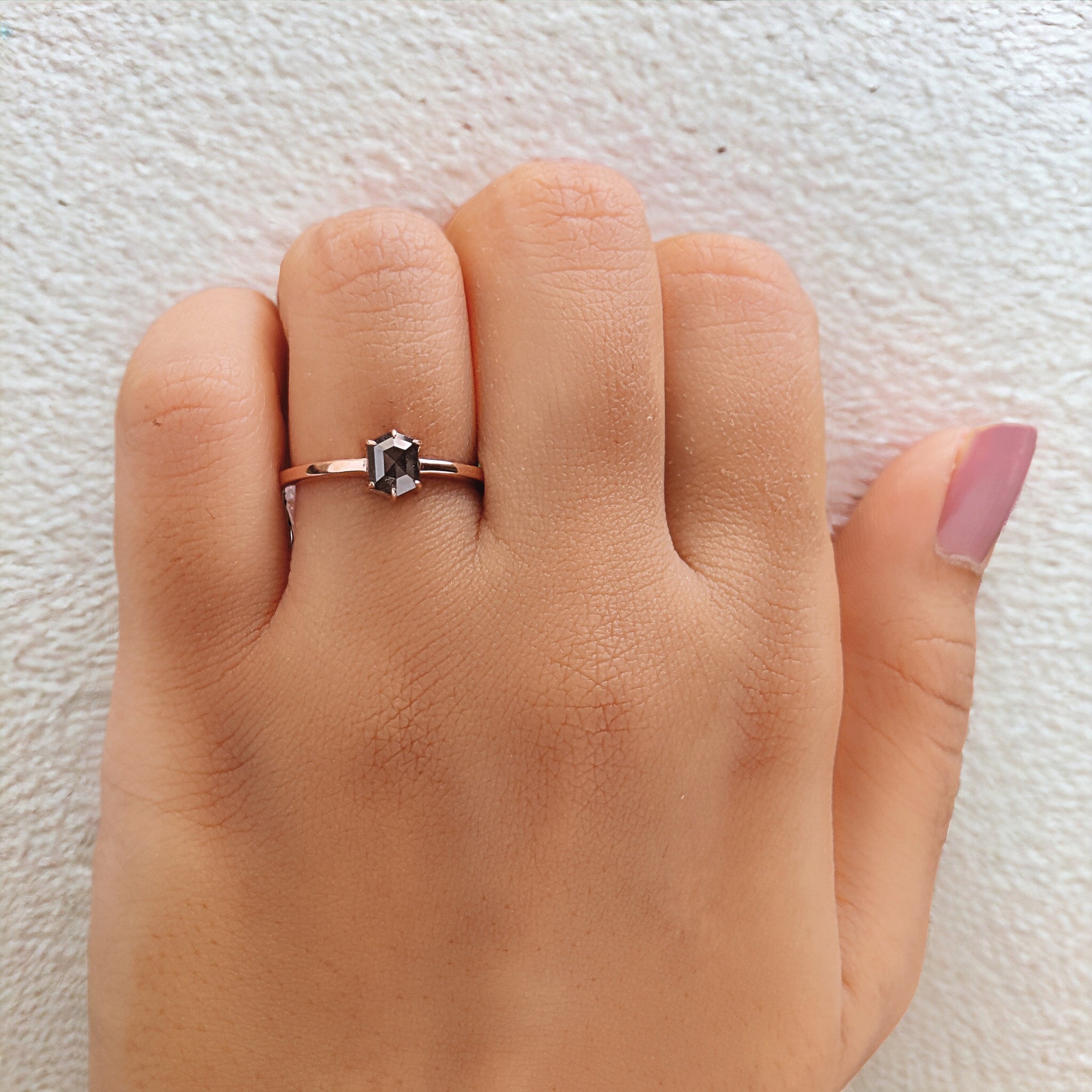 Hexagon Cut Salt And Pepper Diamond Ring 0.59 Ct 5.85 MM Hexagon Cut Diamond Ring 14K Rose Gold Silver Engagement Ring Gift For Her QL935