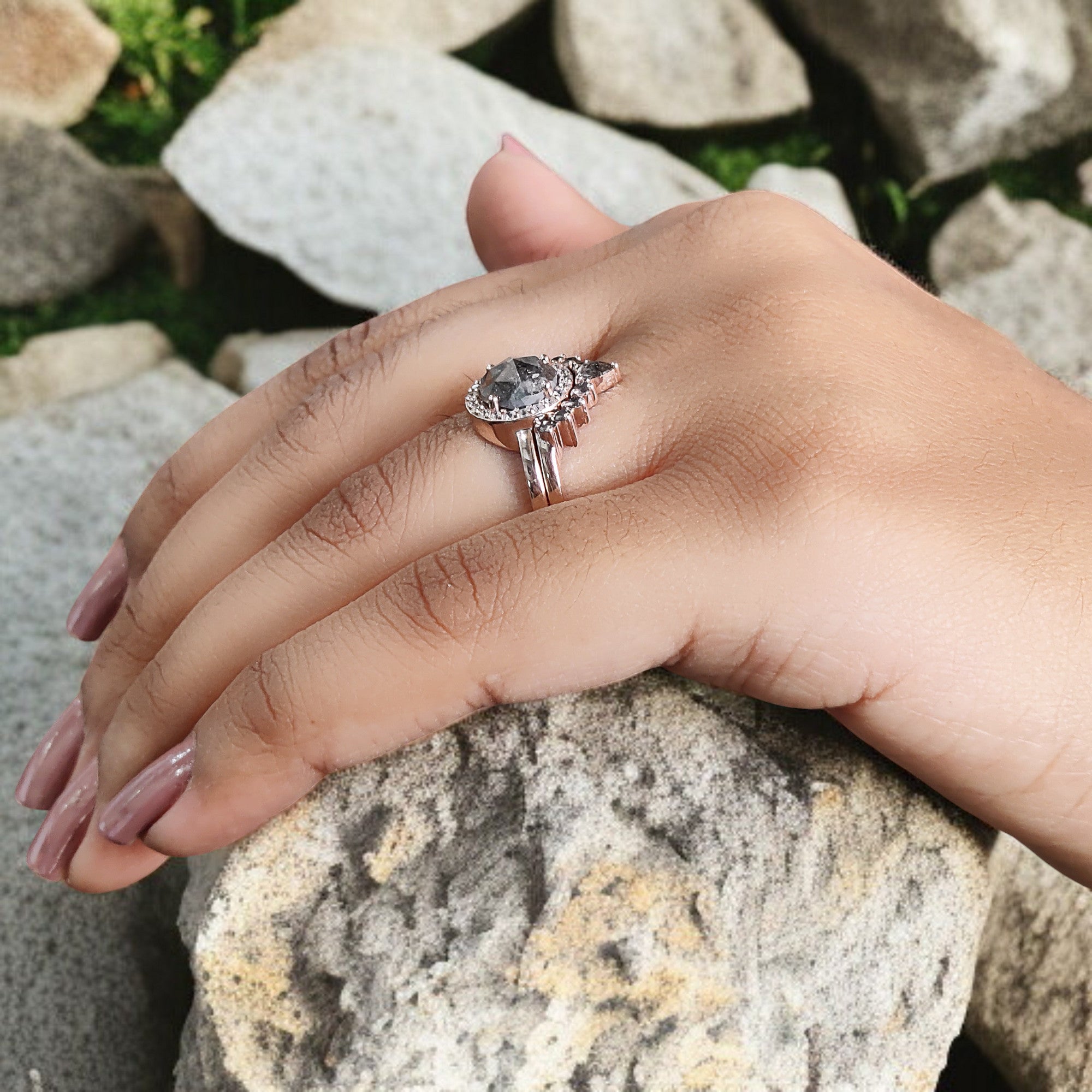 1.86 Ct Natural Round Rose Cut Salt And Pepper Diamond Ring 7.25 MM Round Diamond Ring 14K Solid Rose Gold Silver Engagement Ring QL2001