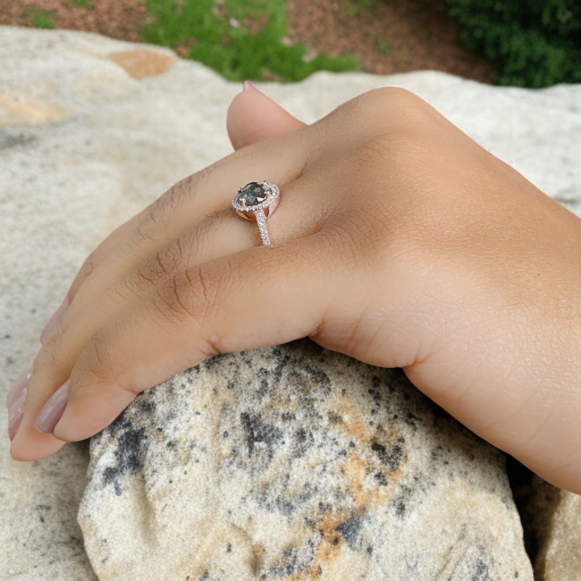 Round Rose Cut Salt And Pepper Diamond Ring 0.96 Ct 6.00 MM Round Diamond Ring 14K Rose Gold Silver Engagement Ring Gift For Her QN1216