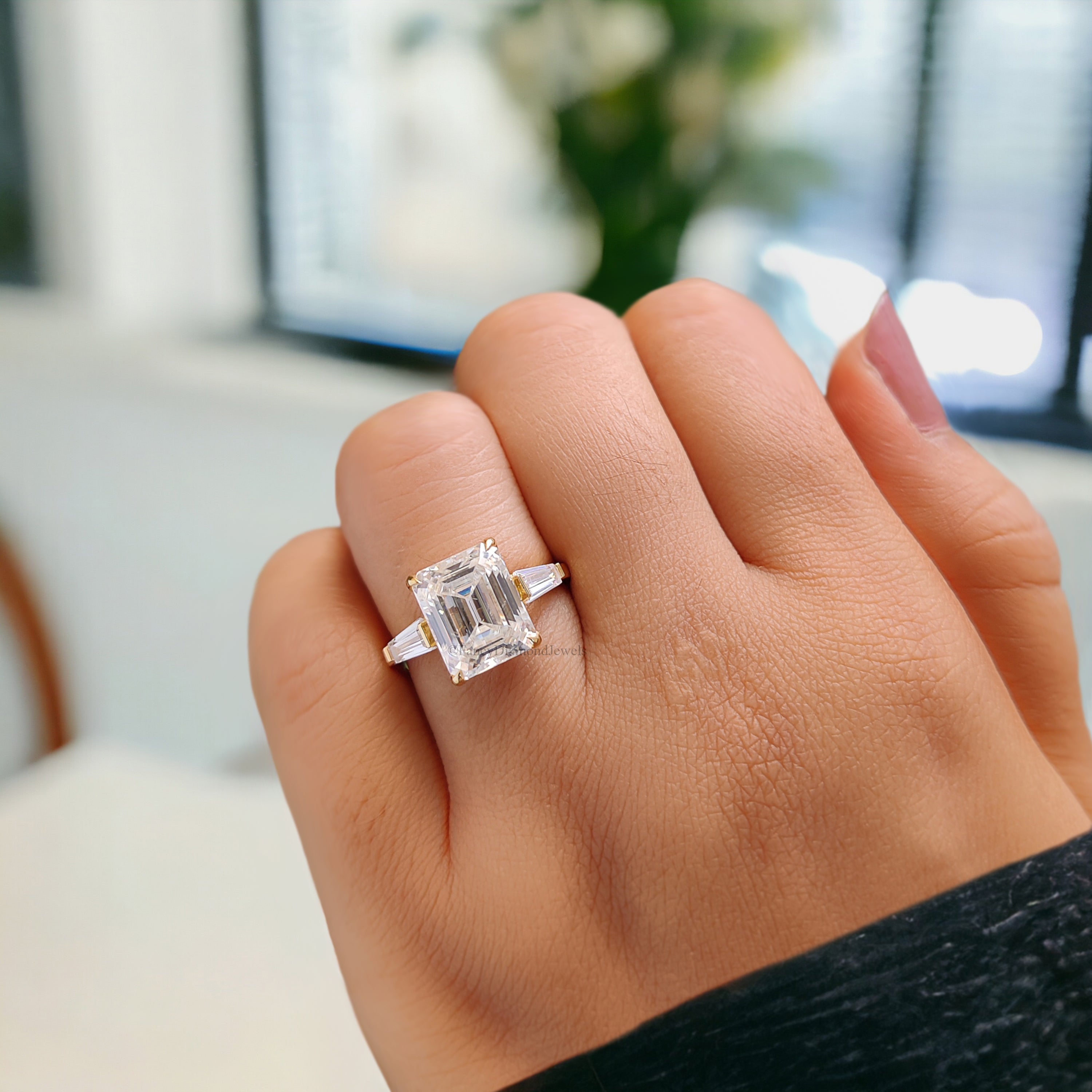 3.45 CT Emerald Cut Colorless Moissanite Ring Three Stone Engagement Ring Side Tapered Baguette Moissanite Claw Prong Anniversary Gift FD137