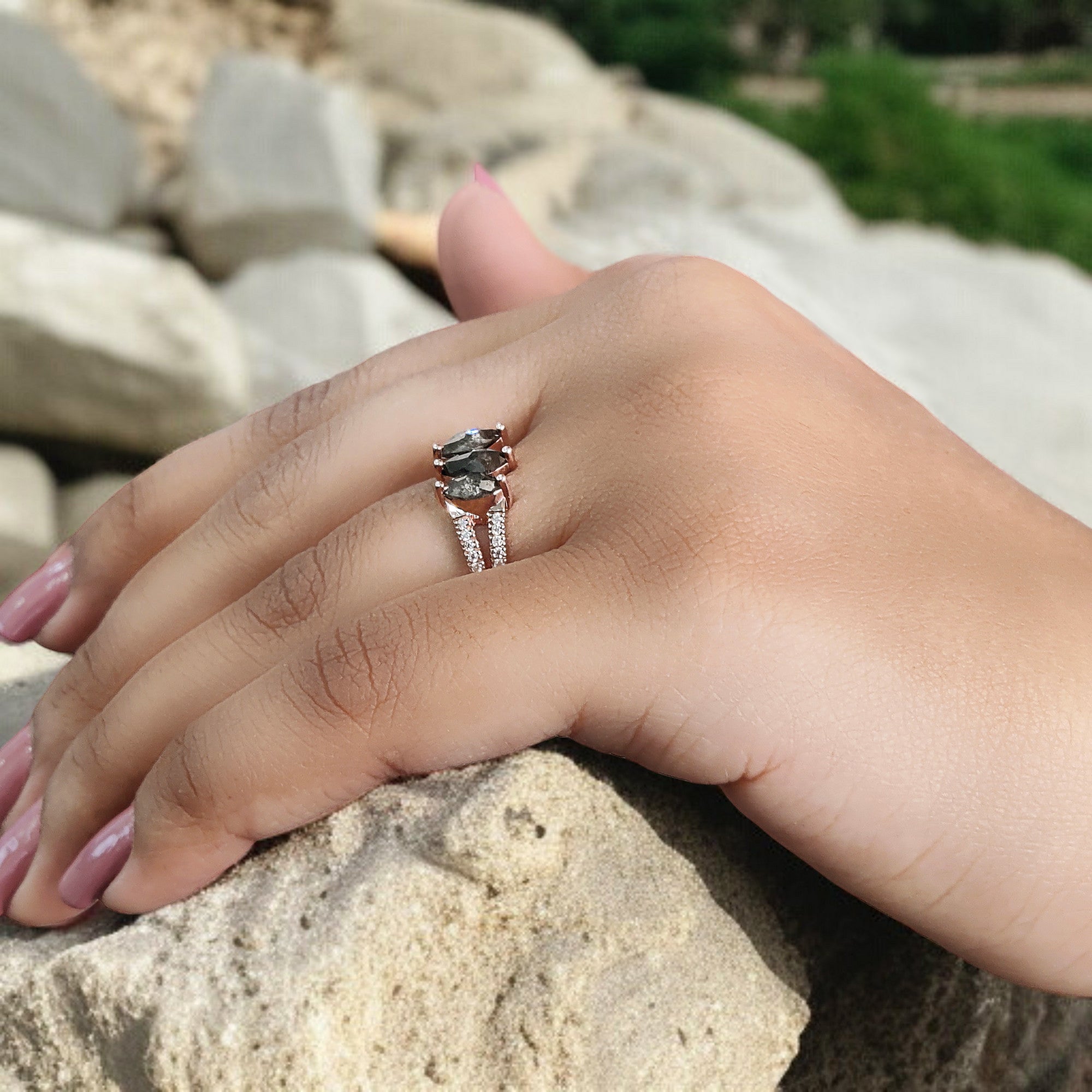 Marquise Cut Salt And Pepper Diamond Ring 0.97 Ct 6.76 MM Marquise Diamond Ring 14K Rose Gold Silver Engagement Ring Gift For Her QL2559