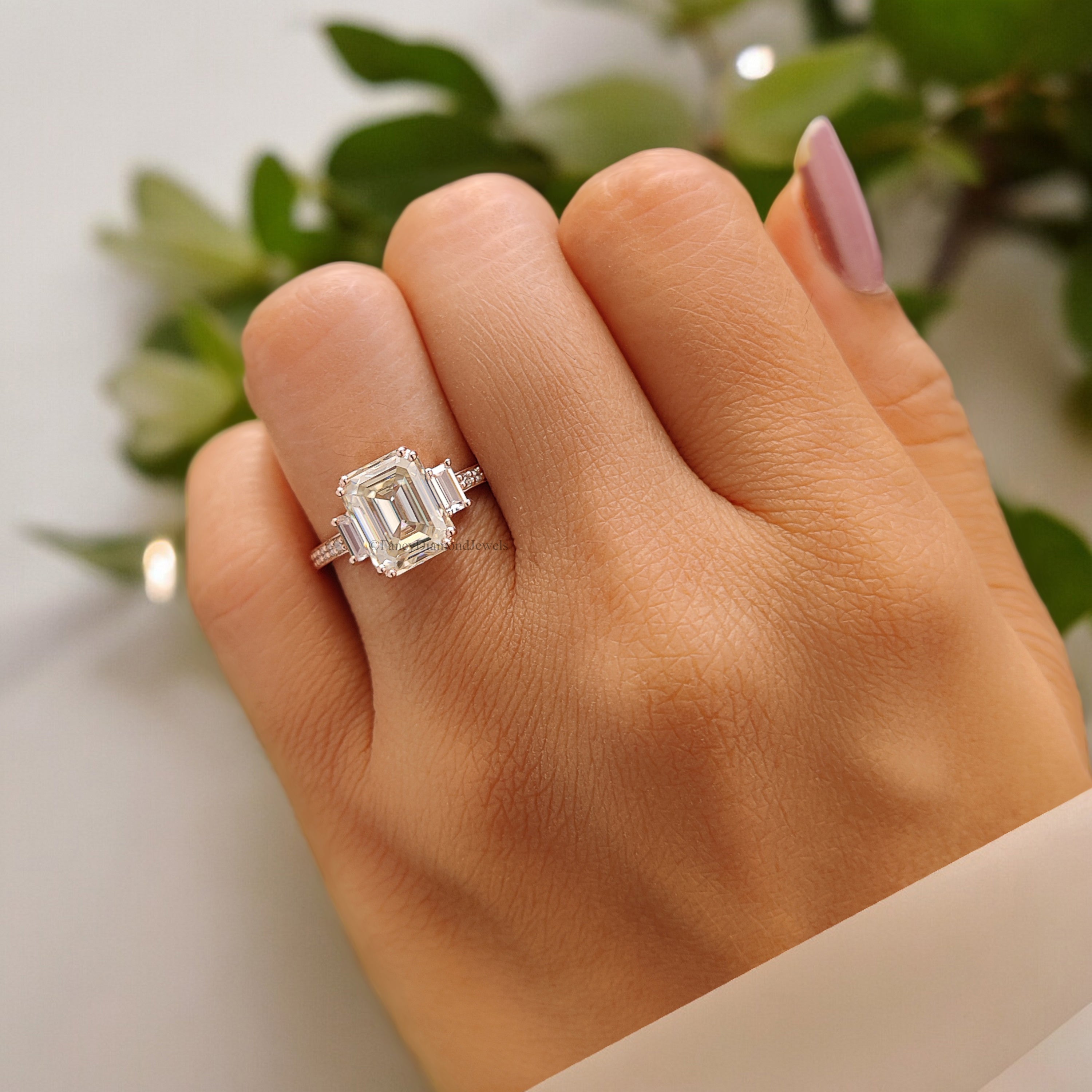 Vintage Emerald Cut Moissanite Ring Three Stone Engagement Ring Bridal Wedding Ring Anniversary Gift Ring Valentine's Gift For Women FD191