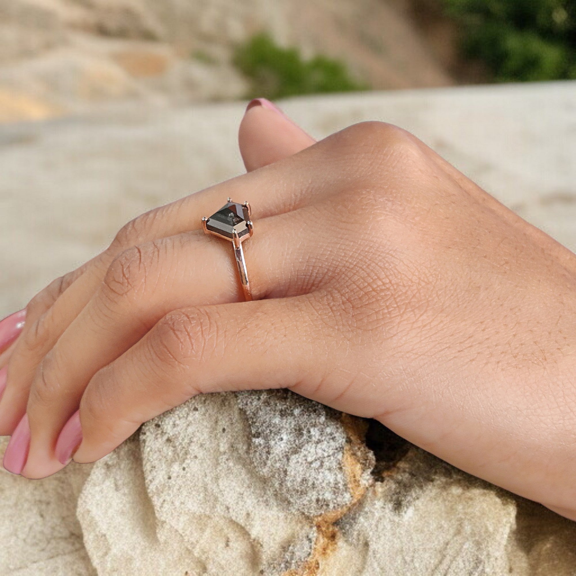 3.03 Ct Natural Shield Cut Salt And Pepper Diamond Ring 8.20 MM Shield Shape Diamond Ring 14K Solid Rose Gold Silver Engagement Ring QL1117