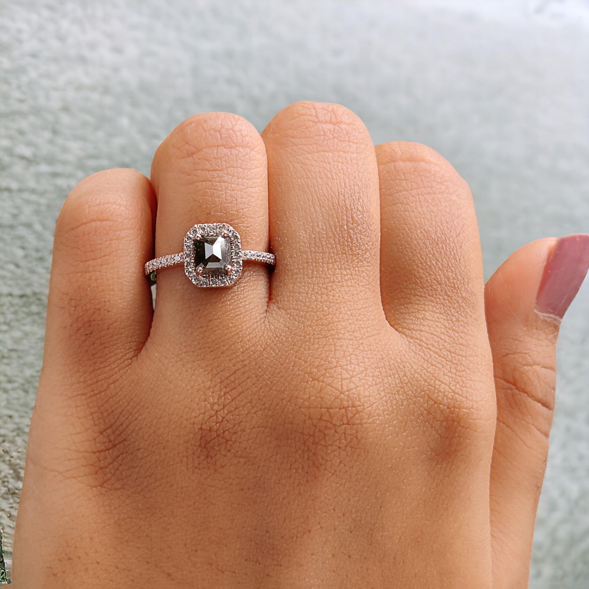 Emerald Cut Salt And Pepper Diamond Ring 1.26 Ct 6.10 MM Emerald Diamond Ring 14K Solid Rose Gold Silver Engagement Ring Gift For Her QK1954